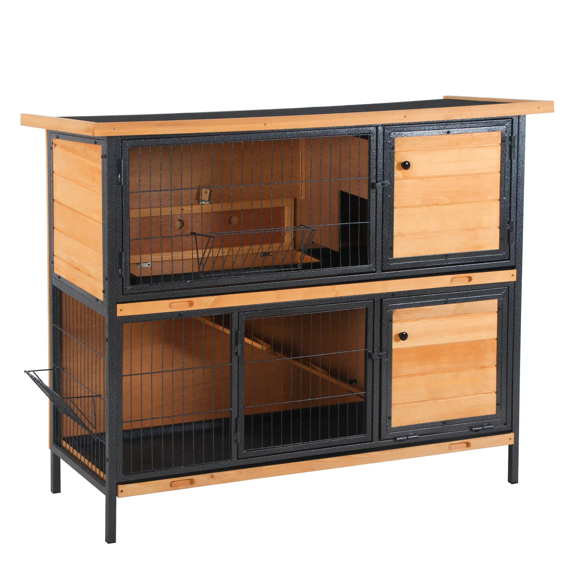 2-Level Wooden Rabbit Hutch with Flip Asphalt Roof Lockable Doors Removable Trays and Ramp Outdoor Rabbit Cage 122x50x101 cm Natural and Black