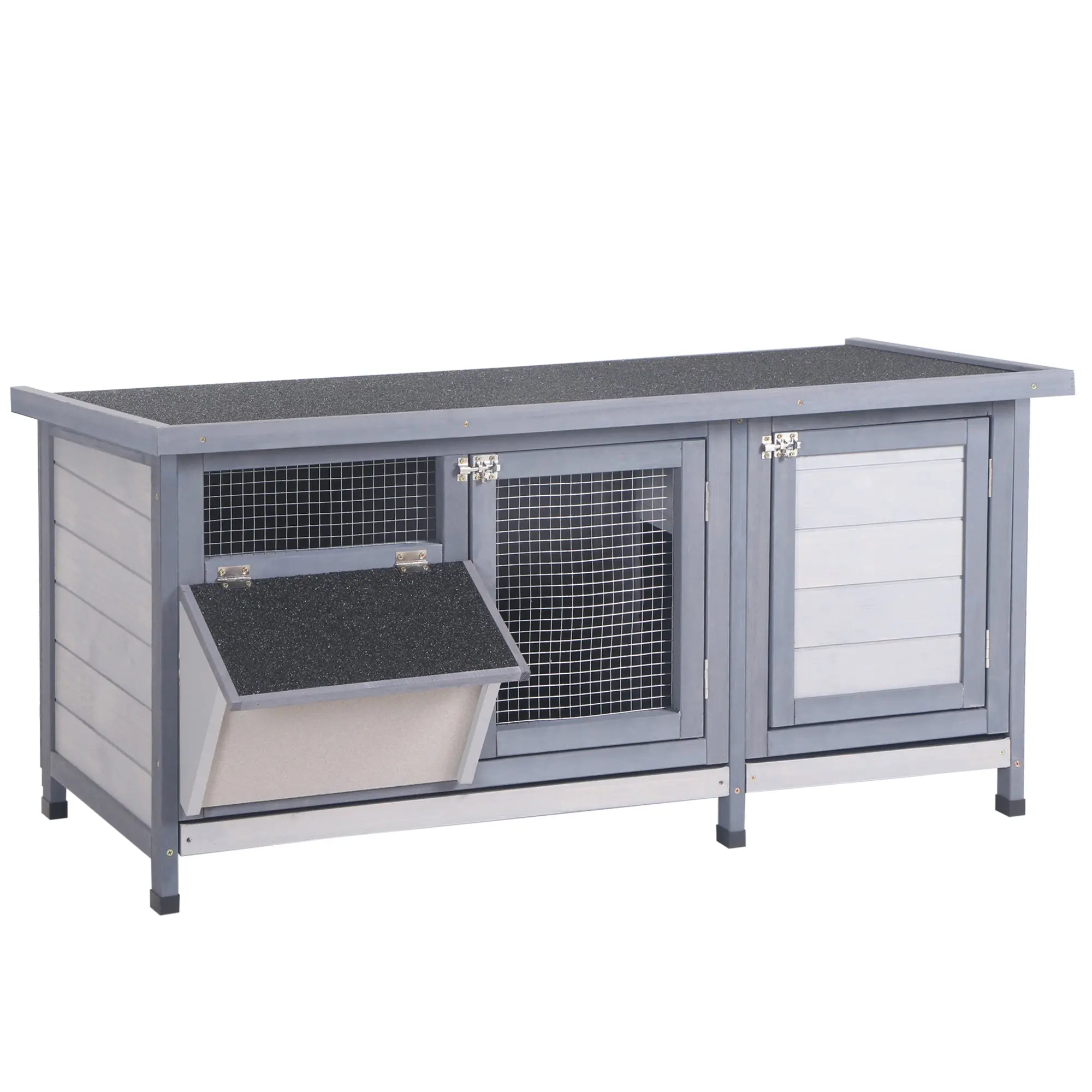Raised Rabbit Hutch with Opening Bitumen Roof, 2 Lockable Doors, 2 Sliding Droppings Trays, Feeder, Fir Wood Treated, dim. 112L x 50W x 54H cm Gray and Black