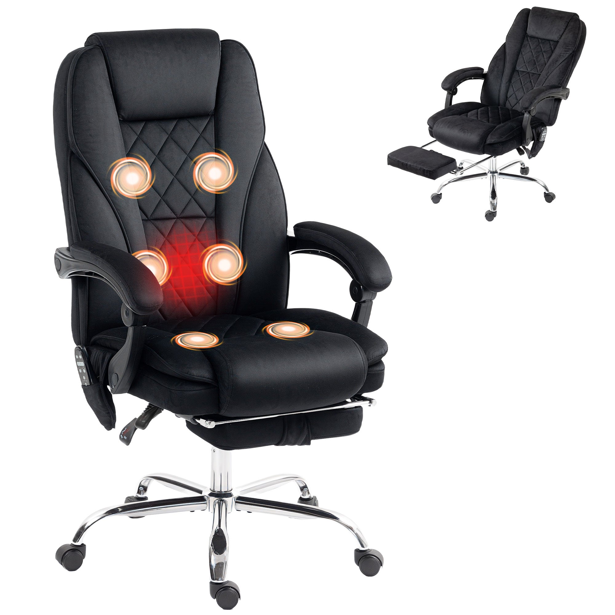 Heated Massage Office Chair — Ergonomic Reclining Chair with Adjustable Height, Wired Remote, Retractable Footrest, 360° Swivel — Black