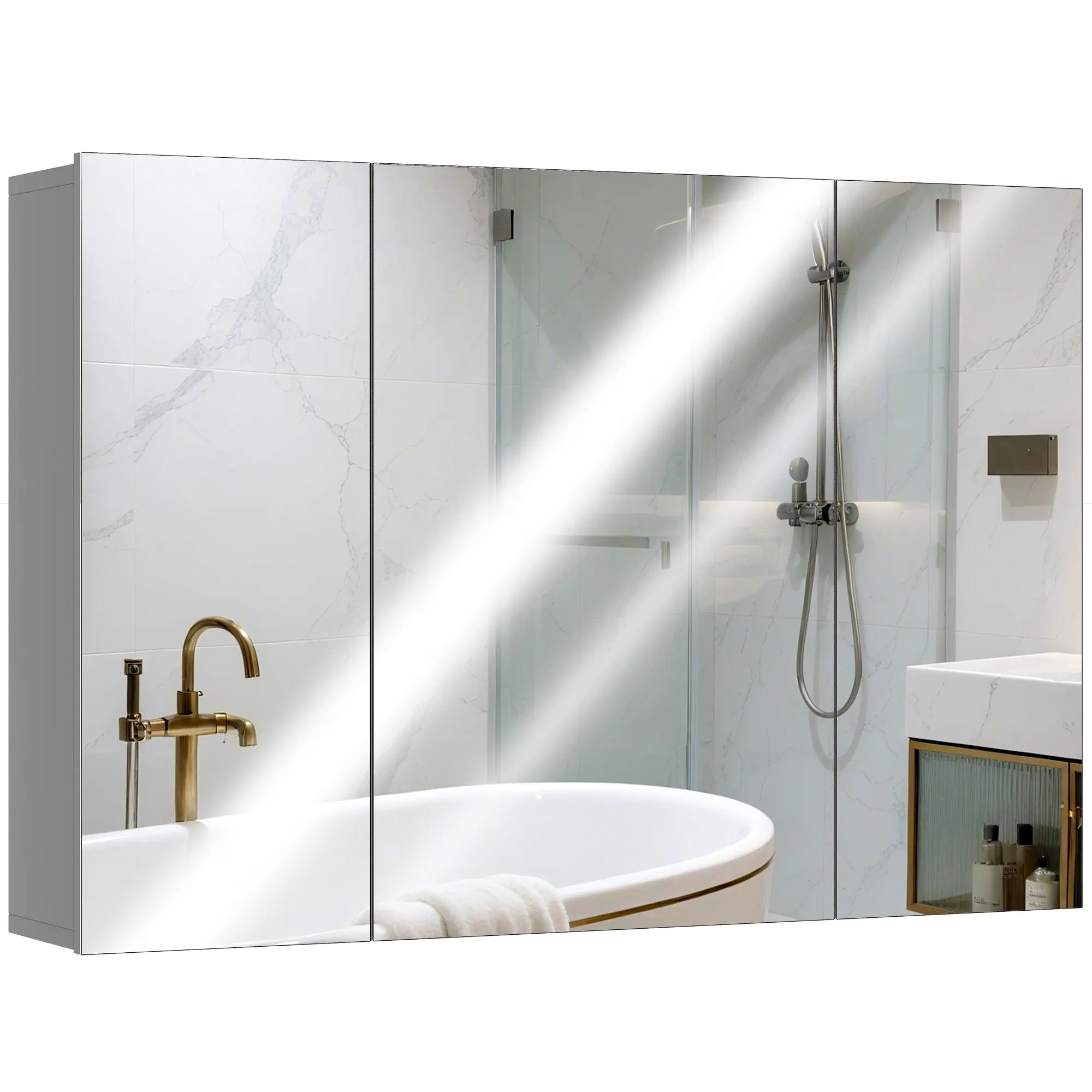 Wall-Mounted Bathroom Cabinet with 3 Mirrored Doors and Adjustable Shelves, Gray MDF, 90 x 15 x 60 cm (35.4 x 5.9 x 23.6 in)