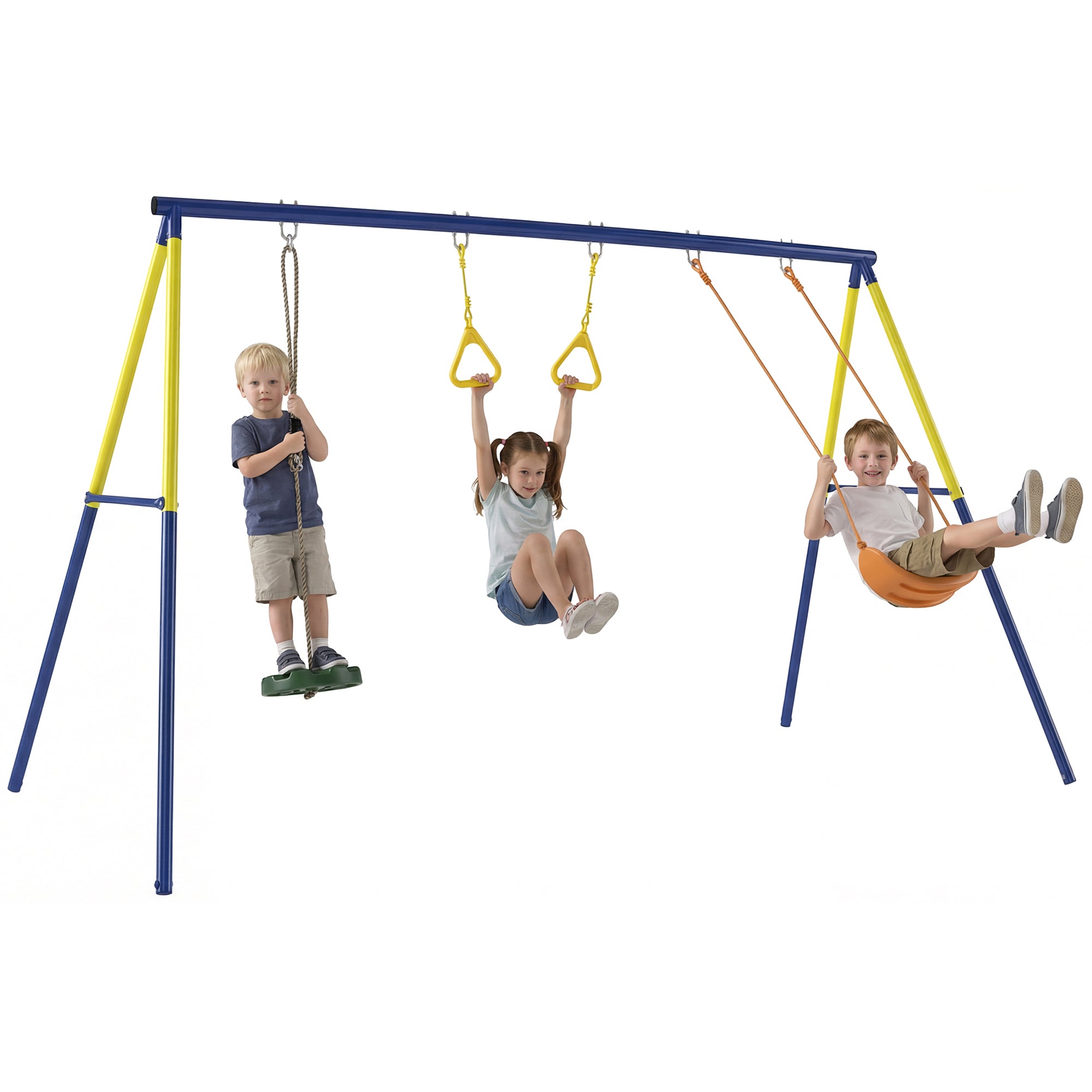 AIYAPLAY 3‑ühes lastekiik koos seiseva kiige ja rõngastega, A‑raam terasraam, topeltkiiged, kandevõime 150 kg, õue, 3–8-aastastele, 285 x 160 x 181 cm