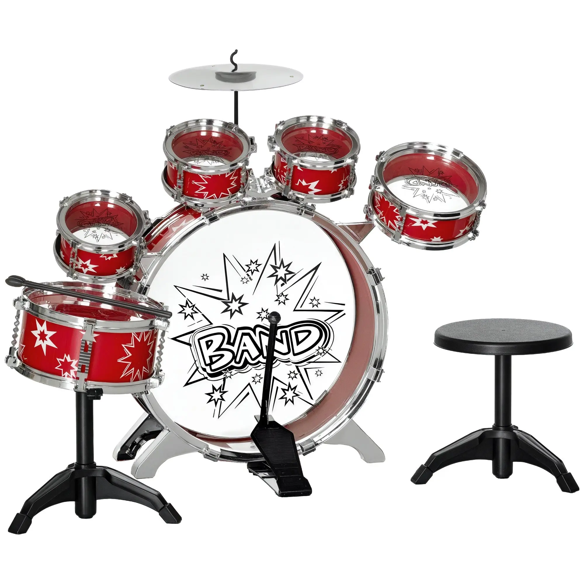Kids Drum Set with Stool Children's Drum Kit for 3+ Years Old with Drums Bass Drum Cymbal Pedal and Drumsticks Star-themed Design 65x22x57 cm Red
