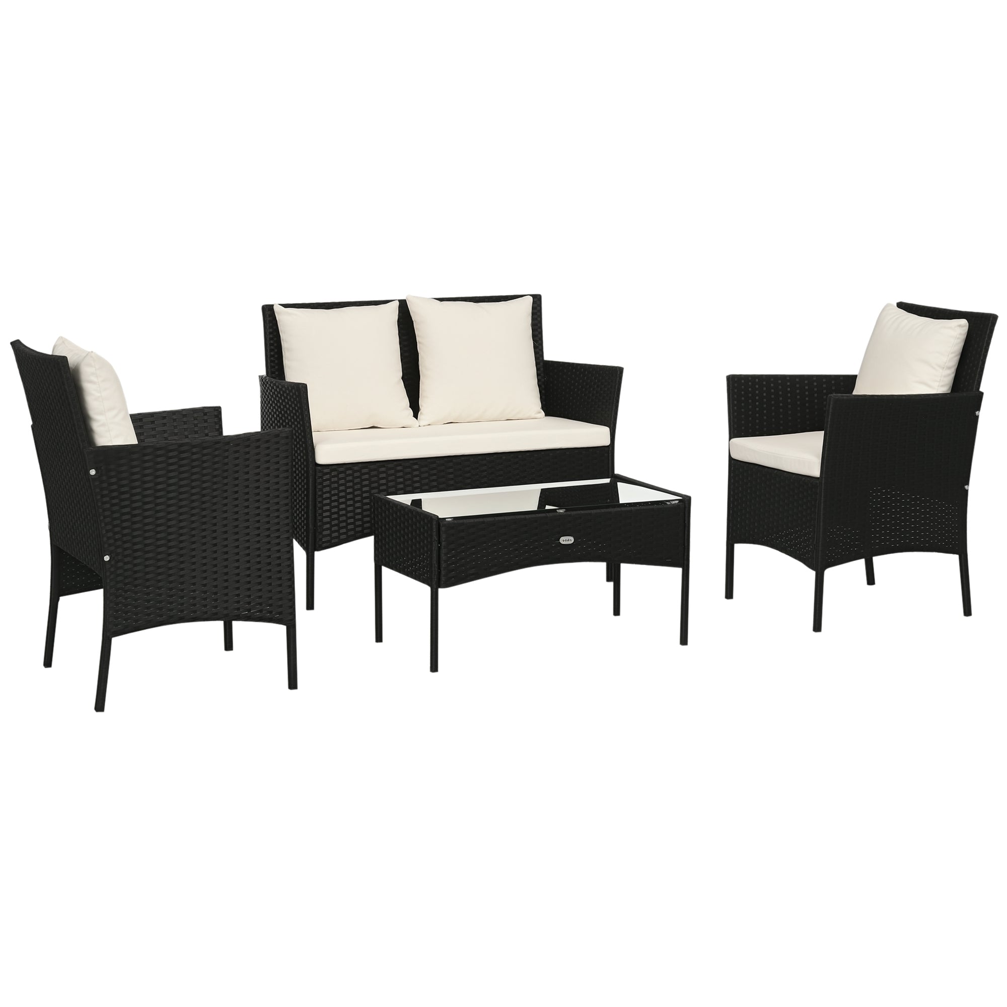 Outsunny Sintetinės Rulonos Sodo Baldų Komplektas 4-Dalių Lauko Baldų Komplektas su 2 Kėdėmis, 1 Dviguba Sofa, 1 Staliuku su Stiklo Viršumi ir Pagalvėlėmis Juoda ir Kreminė