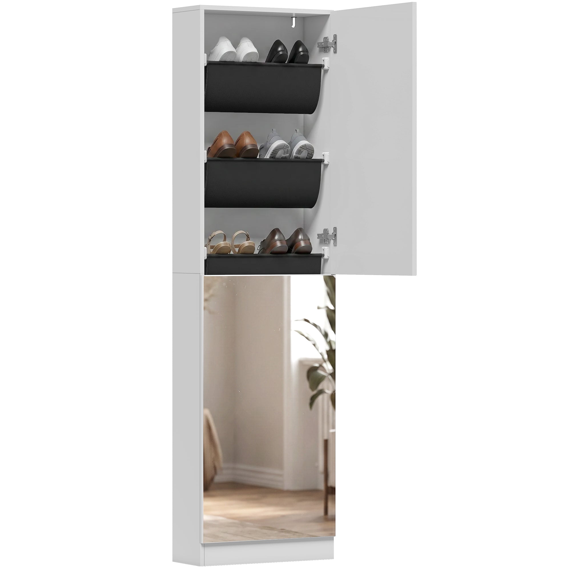 HOMCOM úzký úsporný botník s celozrcadlem, 5 textilních polic, otočné tlumené dveře, pojme 12 párů, 50 x 20 x 180 cm, bílý