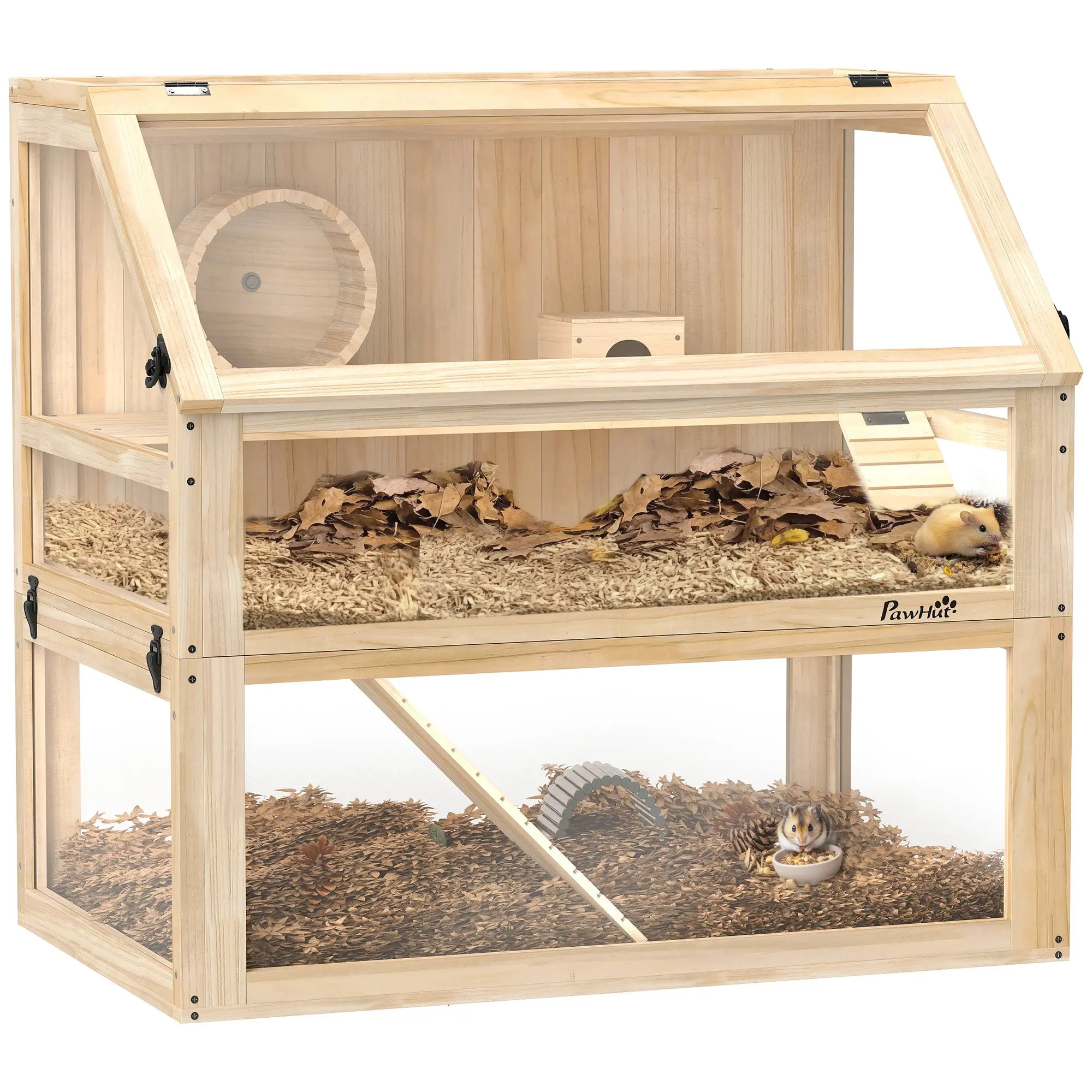 Wooden Hamster Cage 3 Levels Hamster Enclosure Small Pet Cage with Foldable Lid Exercise Wheel and Accessories, Small Animal Hutch Wood Cage for Hamsters Dwarf Hamsters 80 x 50 x 76 cm Natural Wood
