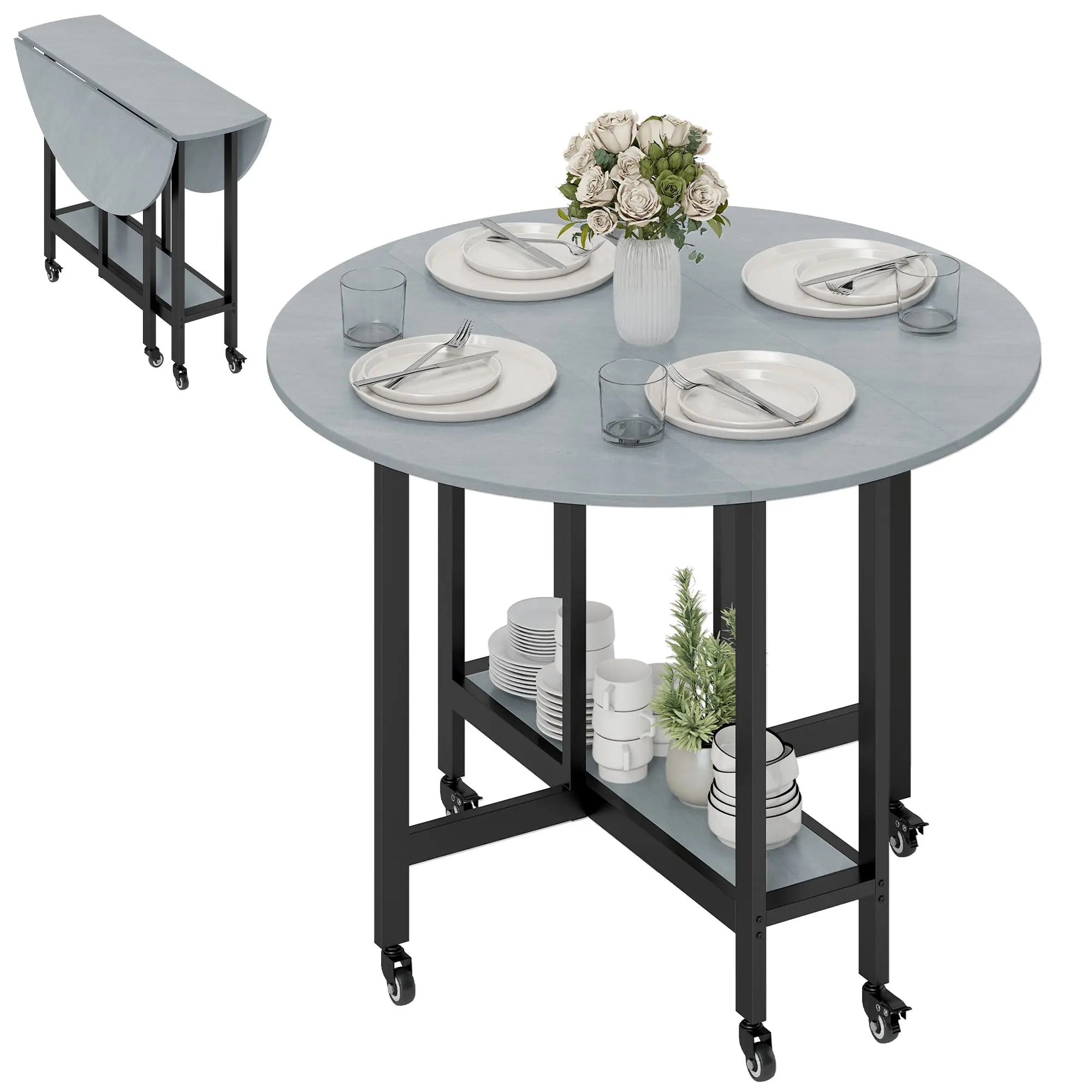 Folding Dining Table for 2–4, Drop-Leaf Kitchen Table with Locking Wheels & Open Shelf, Cement Gray