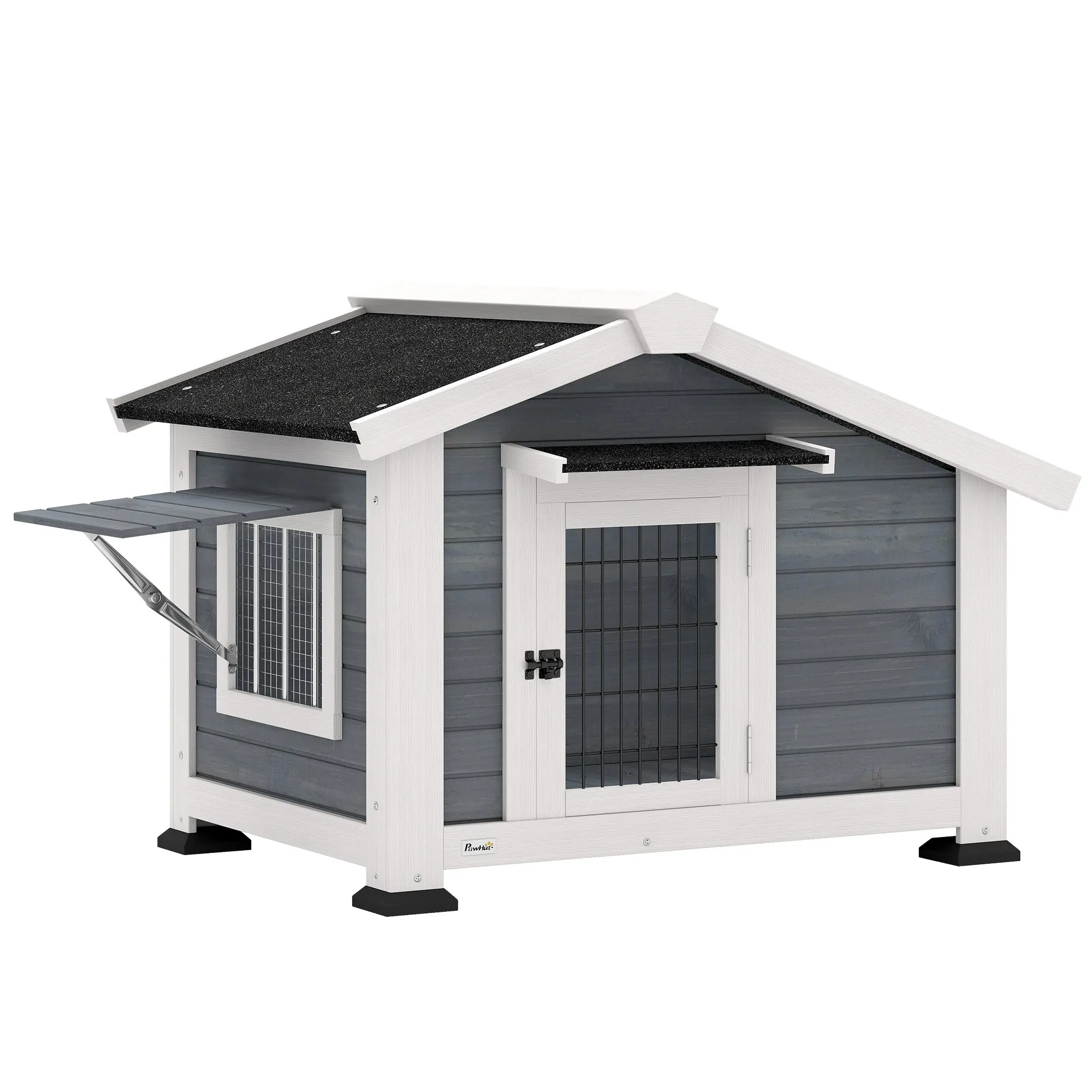 Outdoor Wooden Dog House for Medium Dogs with Asphalt Roof, Removable Floor, Hinged Window & Mesh Door, Raised Base, 38.6 x 29.9 x 27.4 in, Gray