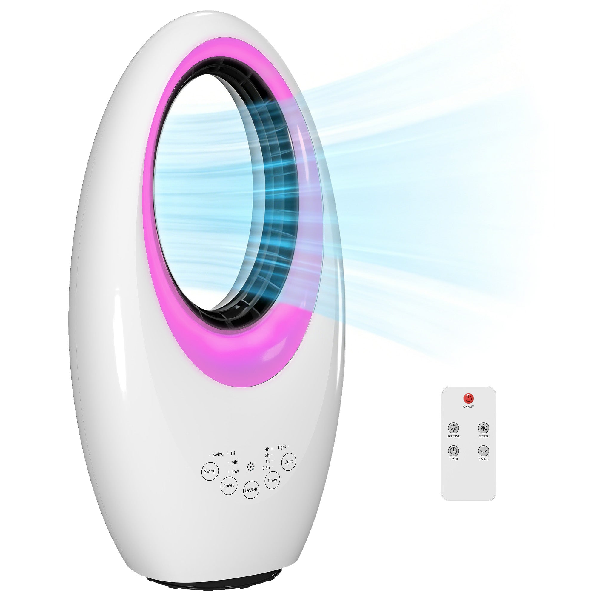 HOMCOM brezrečni stolpni ventilator za spalnico — tih (36 dB), 60° nihanje, LED, 3 hitrosti, 7,5-urni časovnik, daljinski, bela