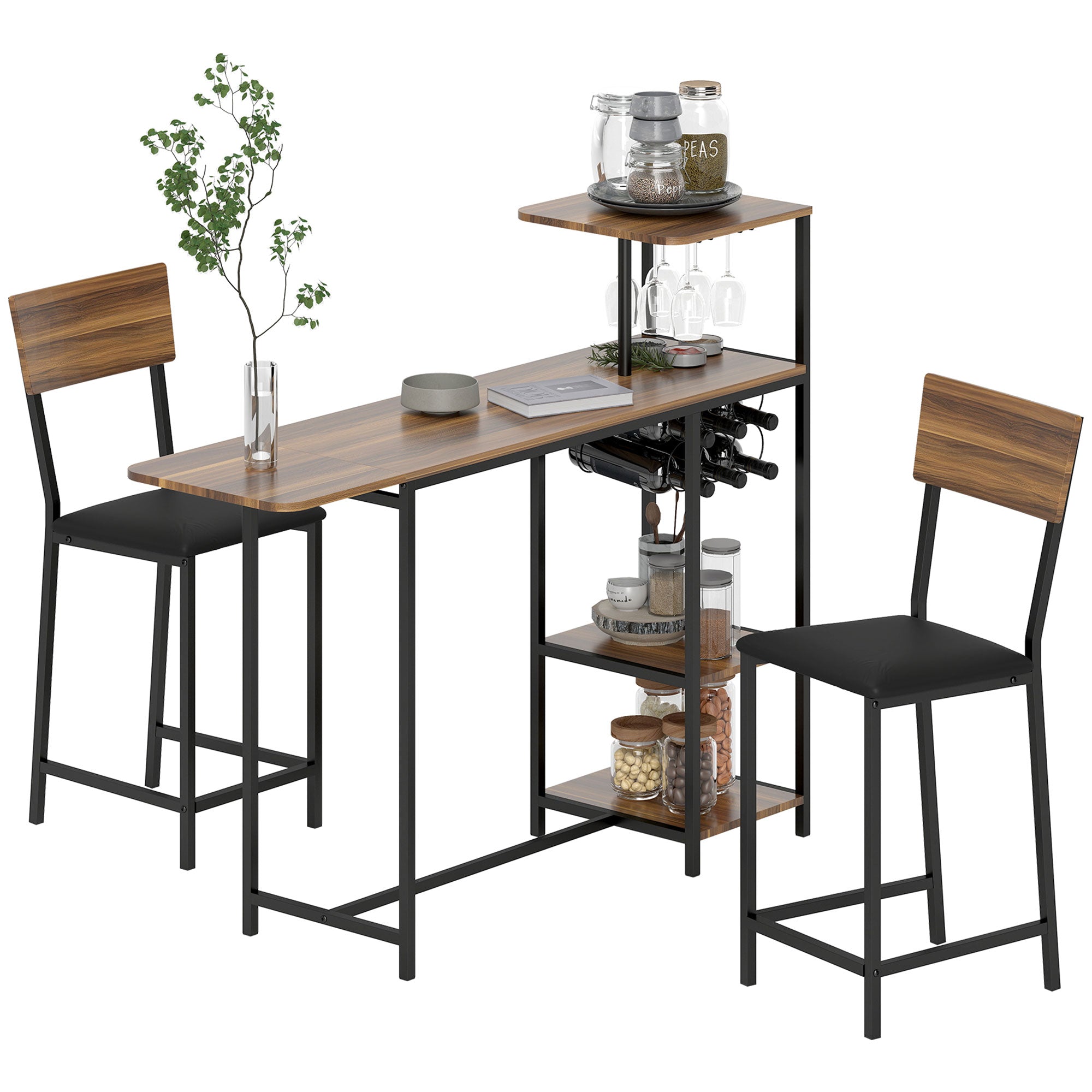 HOMCOM Bartisch mit Barhocker Set, Bartisch Set mit 2 Barstühlen, Klappbarer Küchentisch mit Weinglashalter, Weinkeller und Regal, Bartisch im modernen Design für Esszimmer und Küche in Braun
