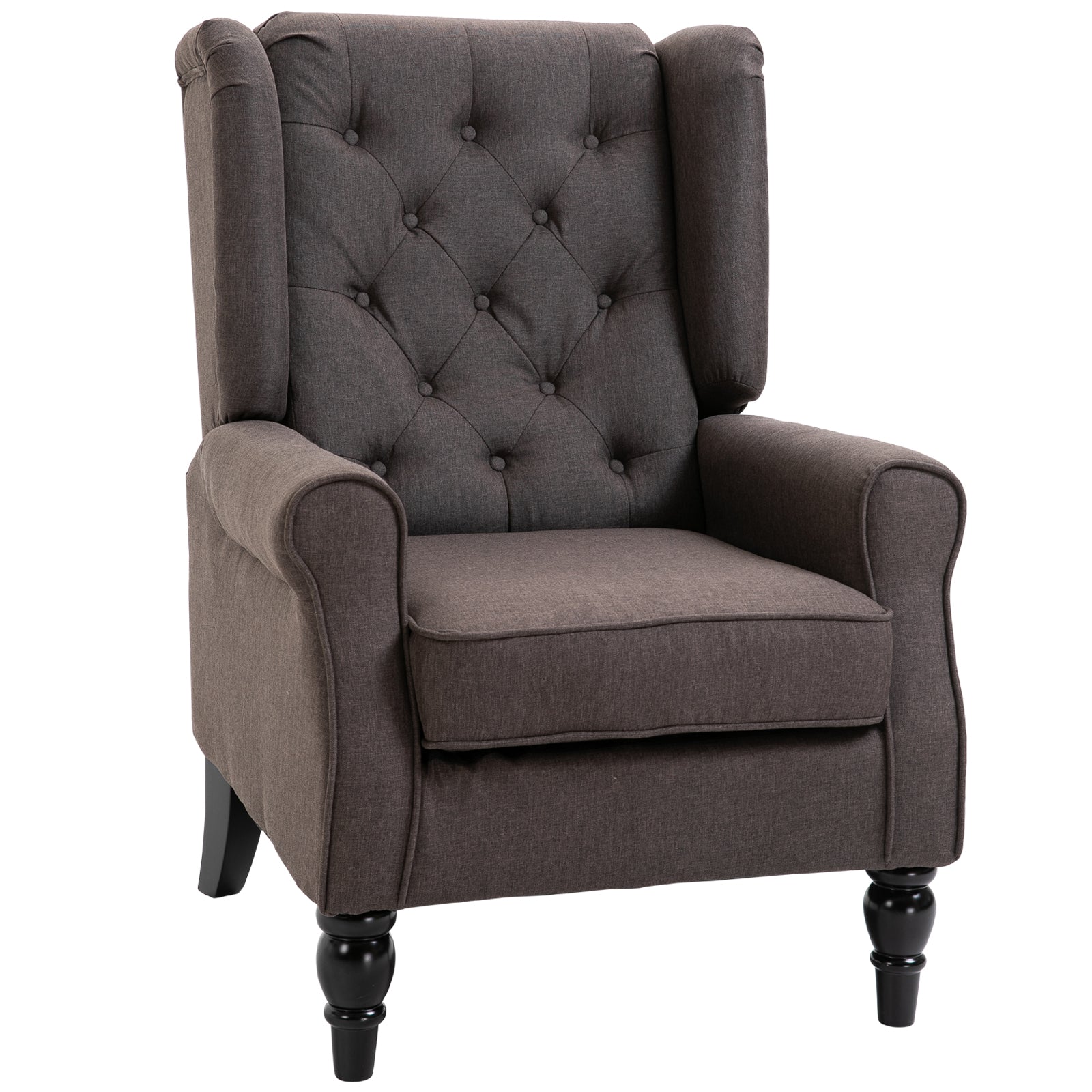 Wingback Chair with Tufting, High Backrest, Upholstered Lounge Chair with Rounded Armrests, Wooden Legs, for Bedroom, Living Room, up to 160 kg, Brown
