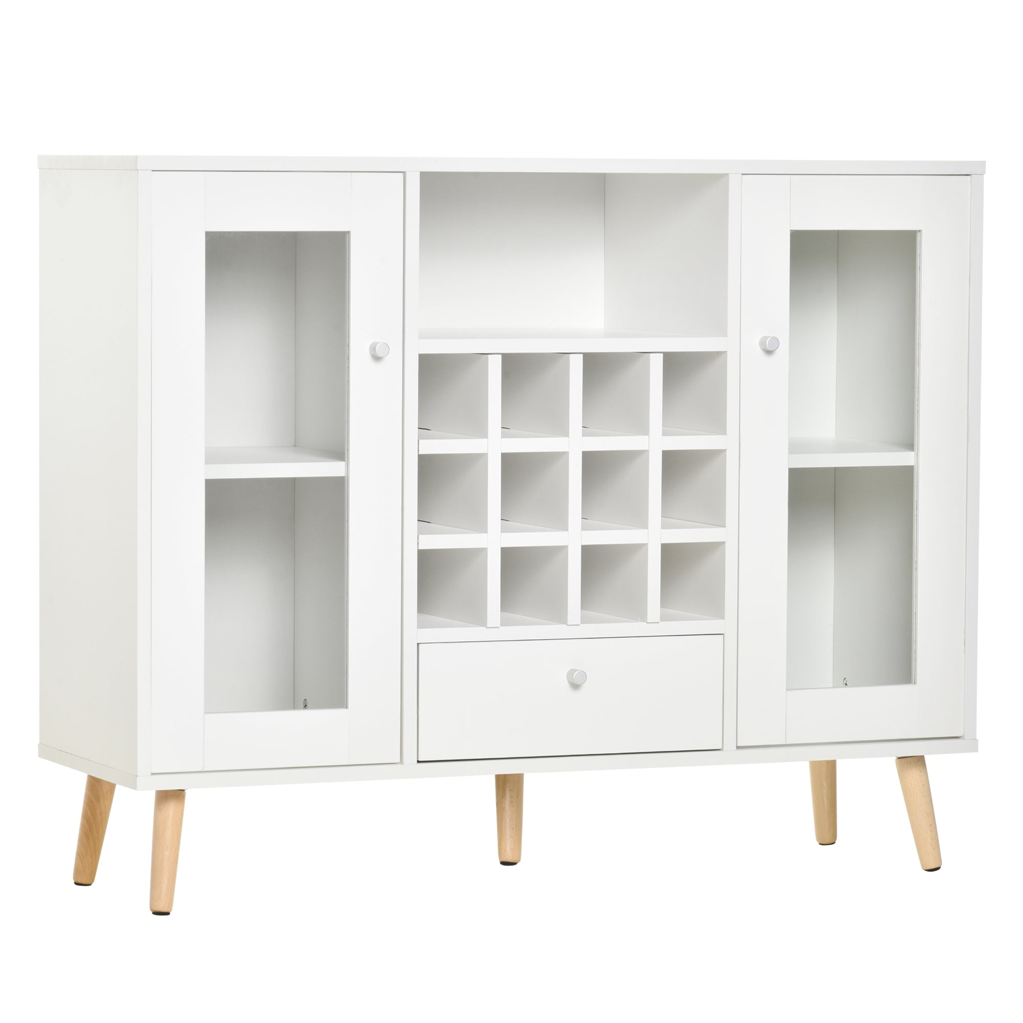 HOMCOM Küchenseitenboard Buffet für Wohnzimmeraufbewahrung mit Weinfass, Schublade, offenem Regal und 2 Glastüren-Cabinets, modern für das Esszimmer 100x33x80 cm Weiß