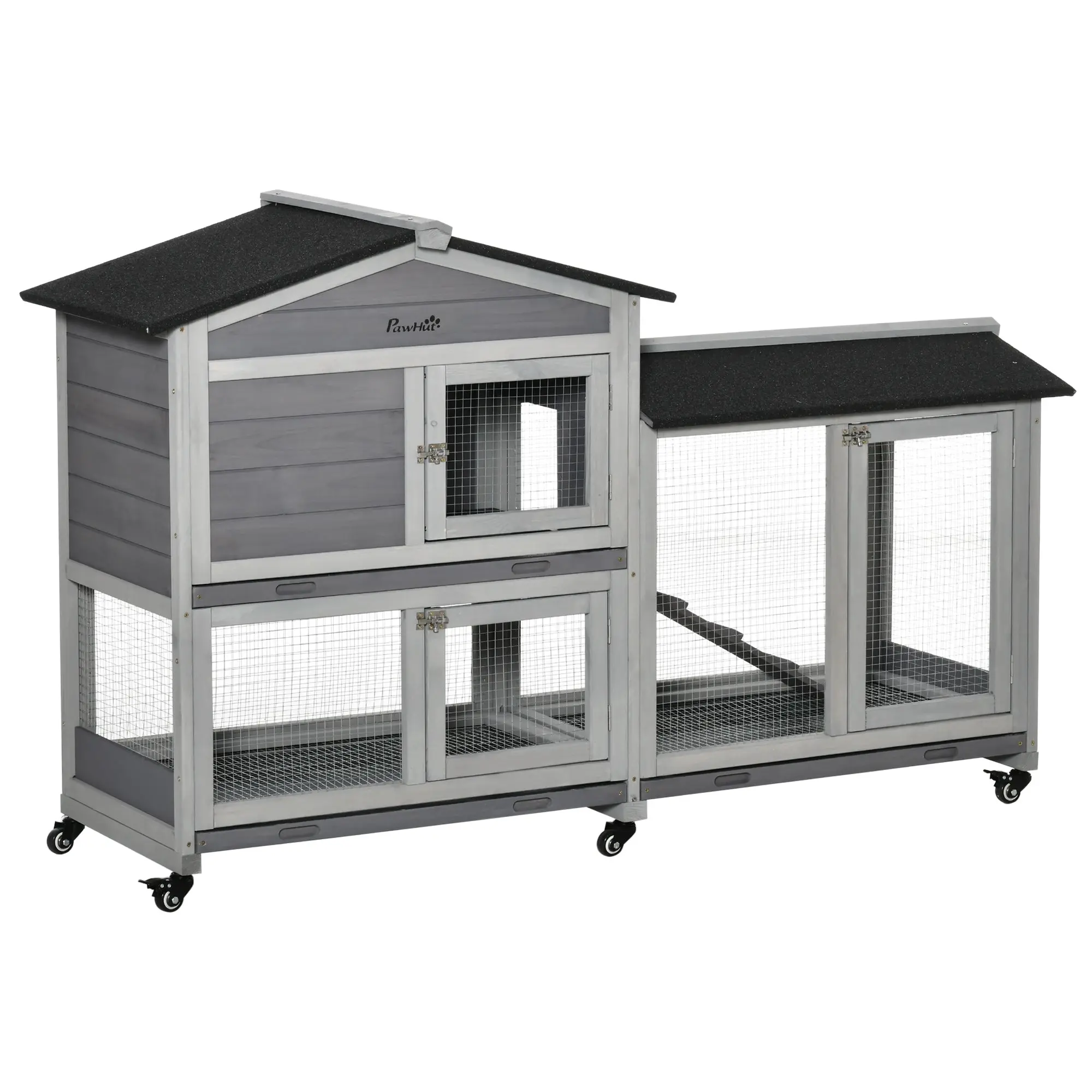 PawHut Outdoor Rabbit Hutch with Run and Wheels Wooden Bunny Cage Double Story Rabbit House with Pull Out Tray Asphalt Roof 157 cm Grey