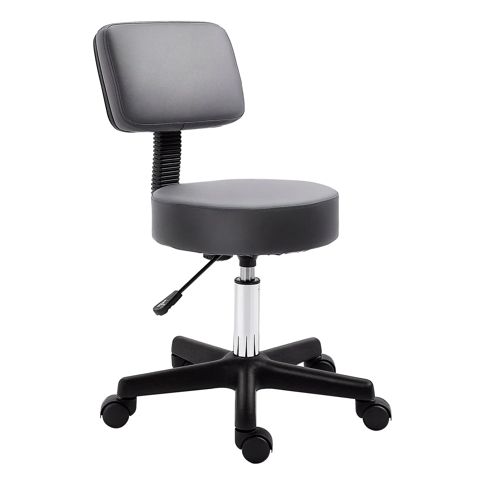 Rolling Stool Adjustable Work Stool with Backrest, Rotating Salon Stool for Massage Office Faux Leather Gray ?35 x 72-84 cm