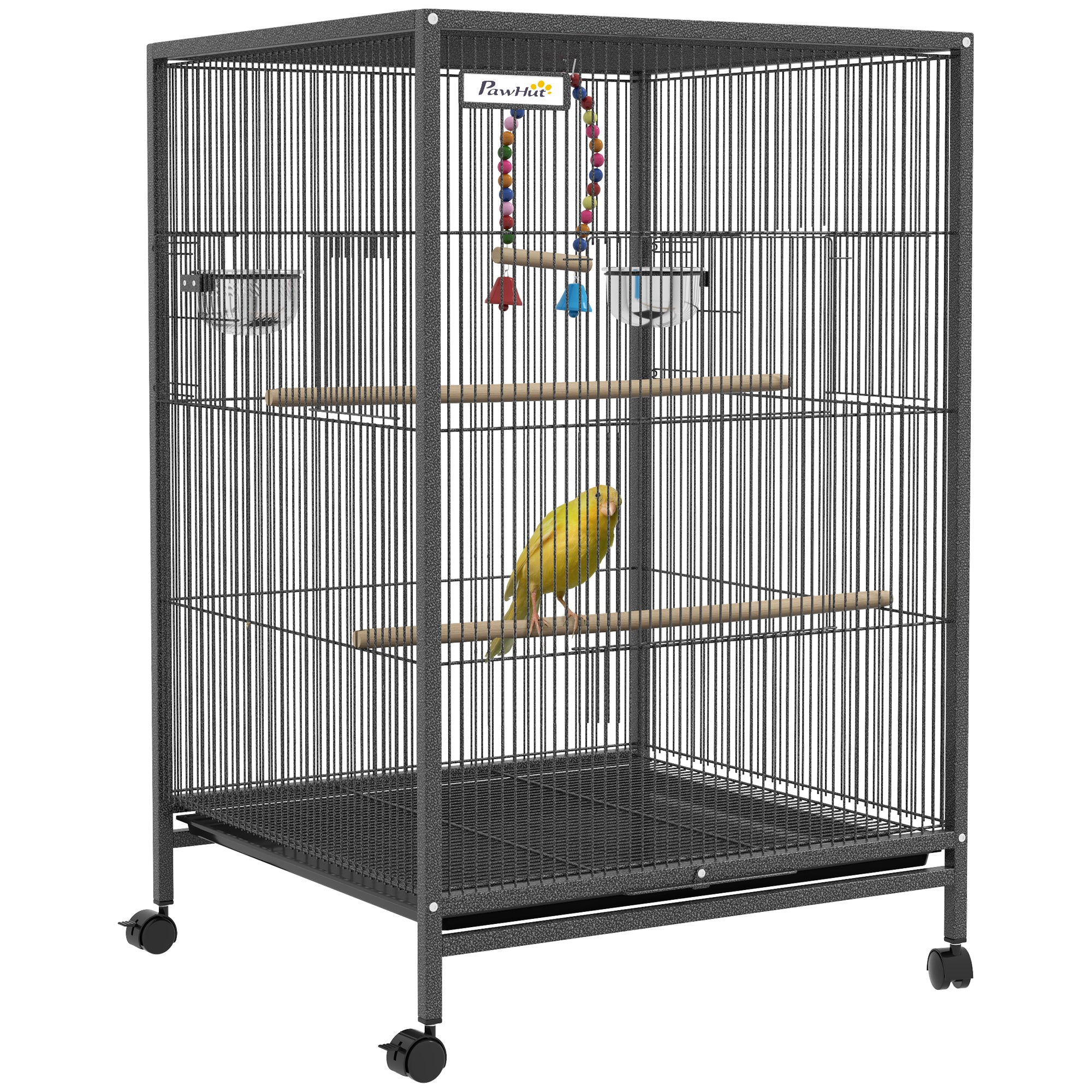 Bird Cage with Wheels for Budgies, Canaries and Small Parrots, Steel Parrot Cage with Perches, Bowls, Swing Toy, 5 Doors and Removable Tray, 48x46x74 cm Gray