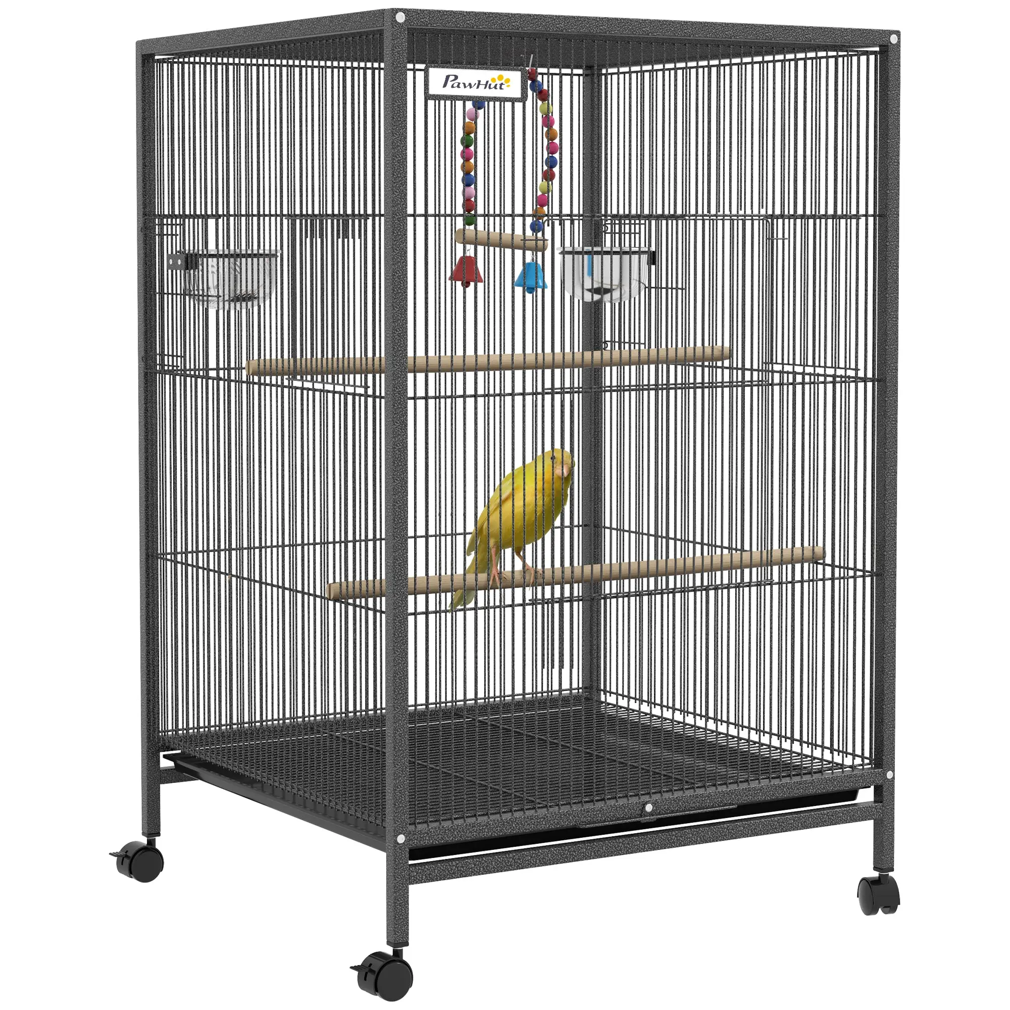 Bird Cage with Wheels for Budgies, Canaries and Small Parrots, Steel Parrot Cage with Perches, Bowls, Swing Toy, 5 Doors and Removable Tray, 48x46x74 cm Gray