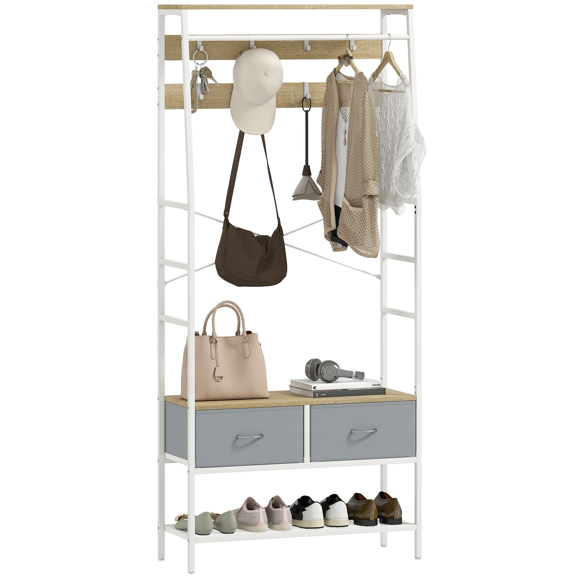 HOMCOM Kapstok Schoenenrek Hal Kapstok met Schoenenrek 8 Haken 2 Stoffen Lades Mesh Plank Industriële Stijl voor Kleding Ophangen Hal Slaapkamer Woonkamer 80x30x180,5 cm Natuurlijk