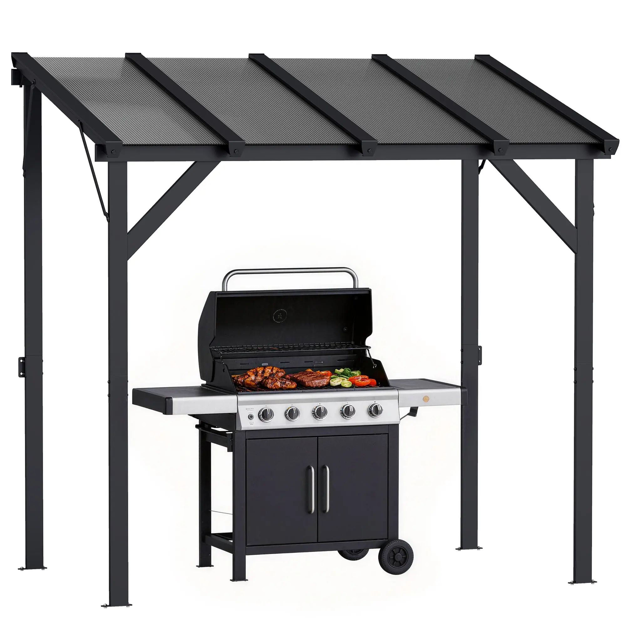 Lean-to BBQ Pavilion, 8.0 ft x 4 ft 10 in x 8.0 ft Patio Canopy with UPF50+ Polycarbonate Roof — Dark Gray