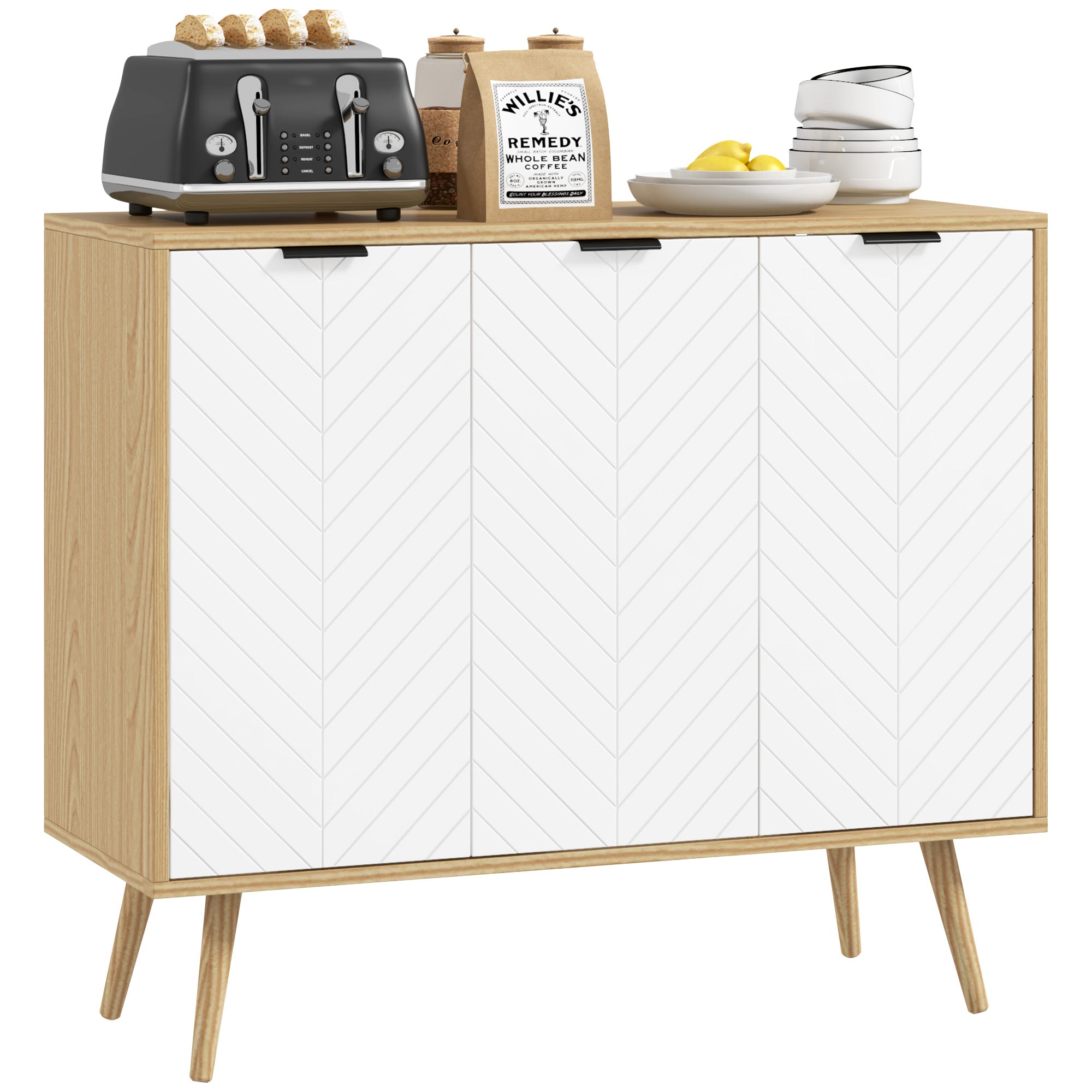 HOMCOM Virtuves Buffets ar 3 Zivju Kaula Ūdenszīmju Durvīm, Koka Kājām un Regulējamām Plauktiem Buffets Virtuvei un Zālē 91,5x35x77,4 cm Balts un Dabīgs