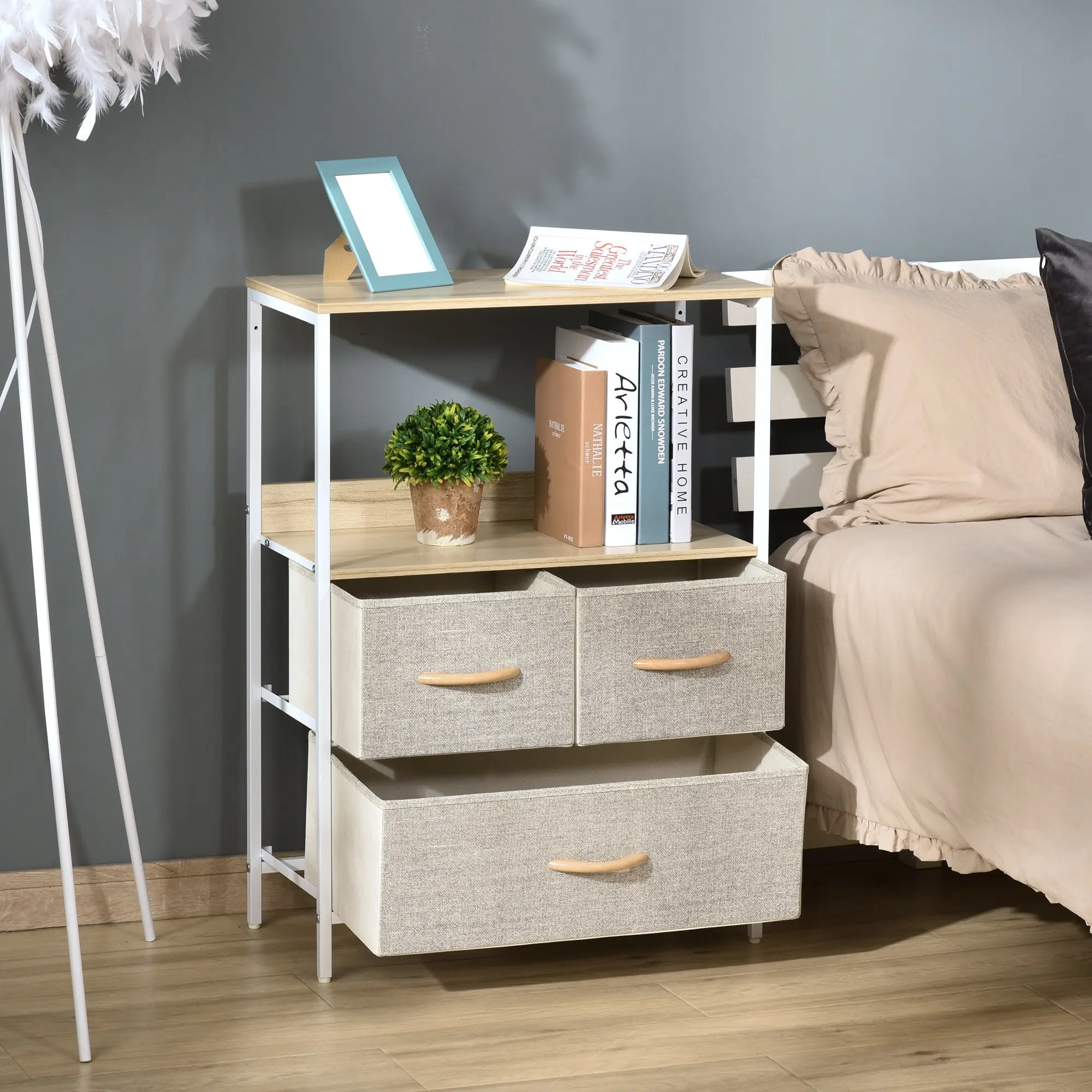 Dresser Storage Cabinet with 3 Fabric Drawers, Shelf, and Top Plate, Small Side Cabinet - 58L x 29W x 81.5H cm - Natural and White Metal