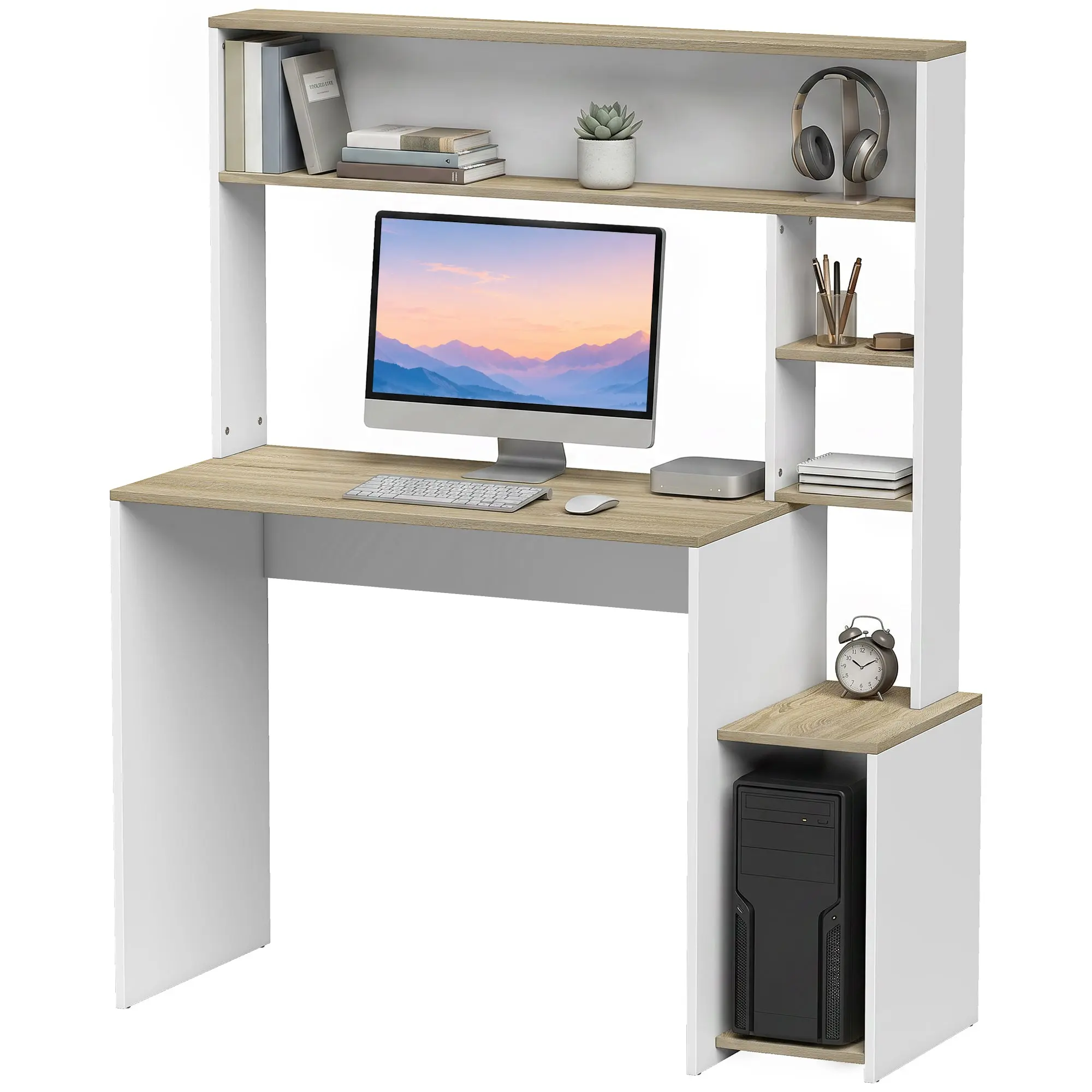 Computer Desk, 44.9 x 17.7 x 54.3 in (114 x 45 x 138 cm) – Storage Desk with Open Shelves, Large Worktop & CPU Stand, Modern Home/Bedroom Office, White & Natural Wood