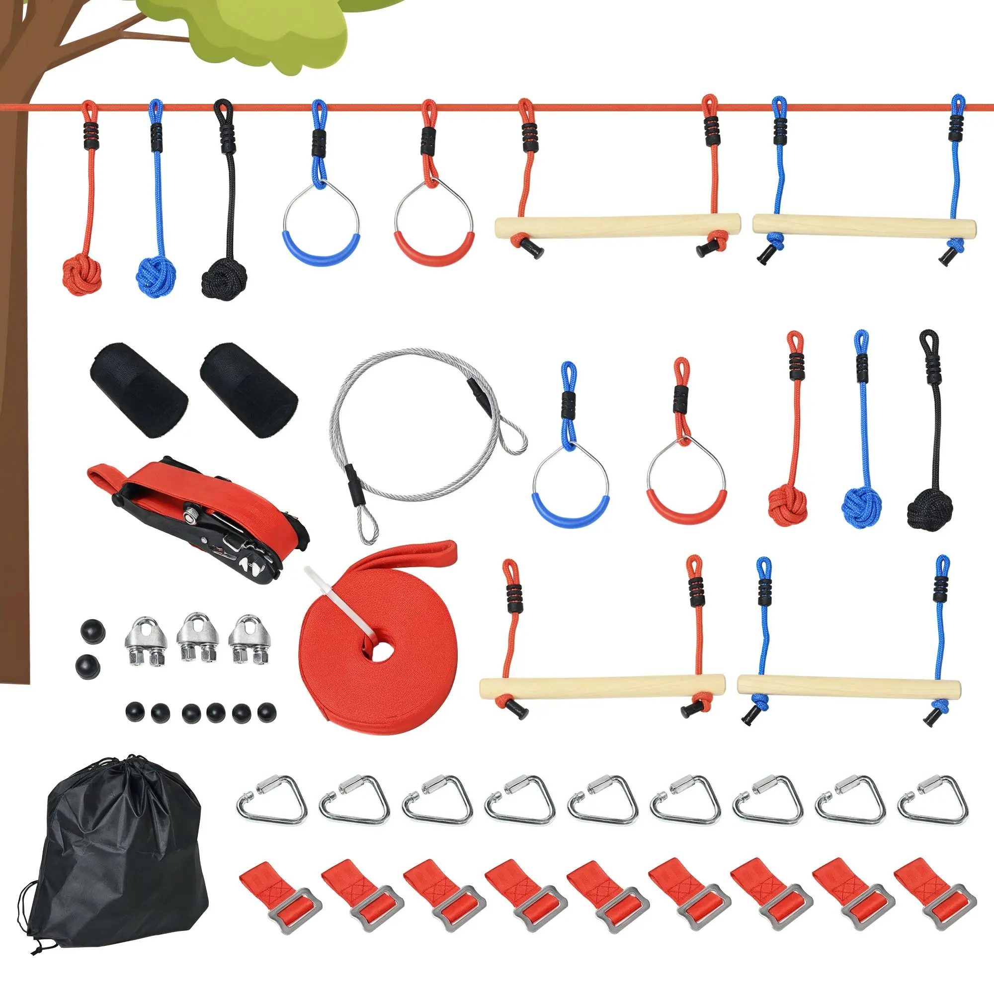 Ninja Slackline Set 30 pcs, 10m Rope with Obstacles, Climbing Frame, Outdoor Climbing Training, Playset Equipment for 3-6 Years Children, Gymnastic Rings, Ropes, Multicolor