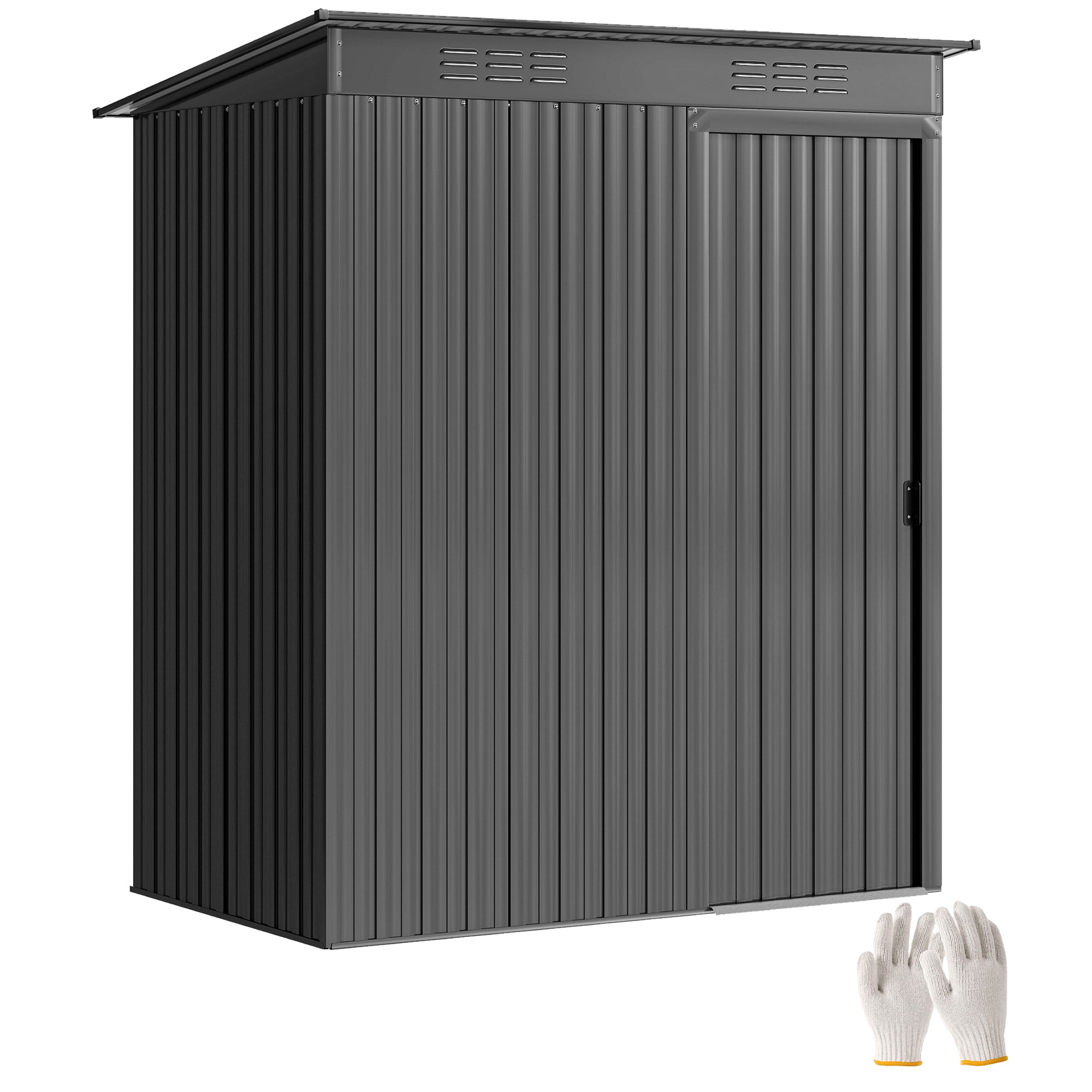 Metal Garden Shed 14.8 sq ft (1.37 m2) — 159 x 106 x 181 cm (62.6 x 41.7 x 71.3 in), Sliding Door, Vents, Sloped Roof, 2 Pairs of Gloves Included, Easy Assembly — Dark Gray
