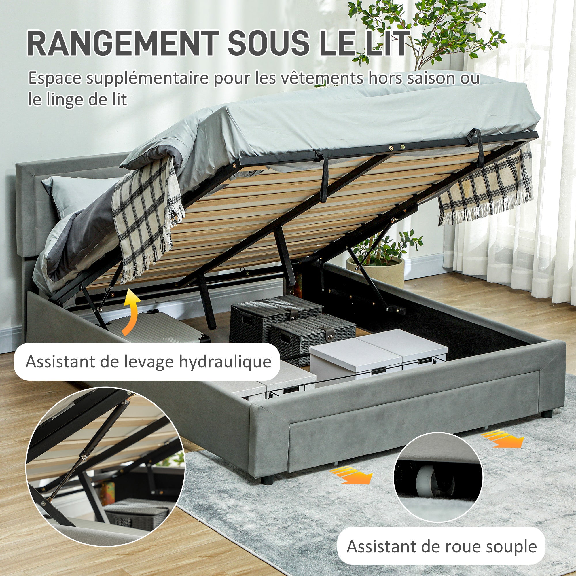 HOMCOM Tweepersoonsbed Frame 140 x 200 cm - gaslift, opbergruimte, lade op wielen, verstelbare hoofdbord en houten lattenbodem, fluweelachtige bekleding, grijs