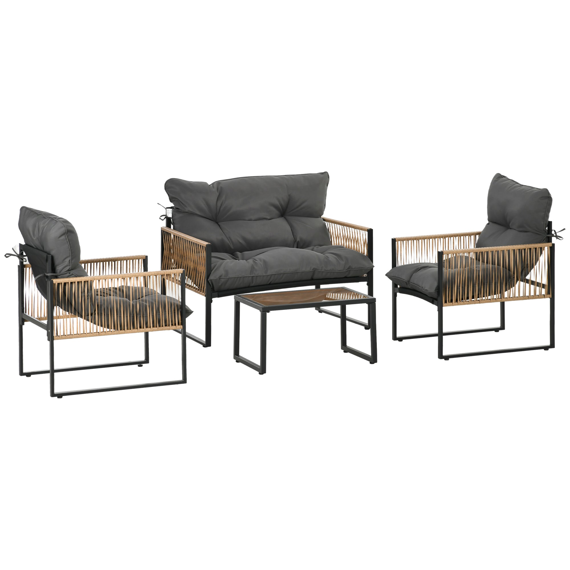 Outsunny 4-delt Rattan Havemøbel Sæt, Siddegruppe med Puder, Patio Sæt med 1 Glas Kaffe Bord, 2 Lænestole, 1 Dobbel Sofa, Sidde Sæt til Have, Patio, Stål, Brun
