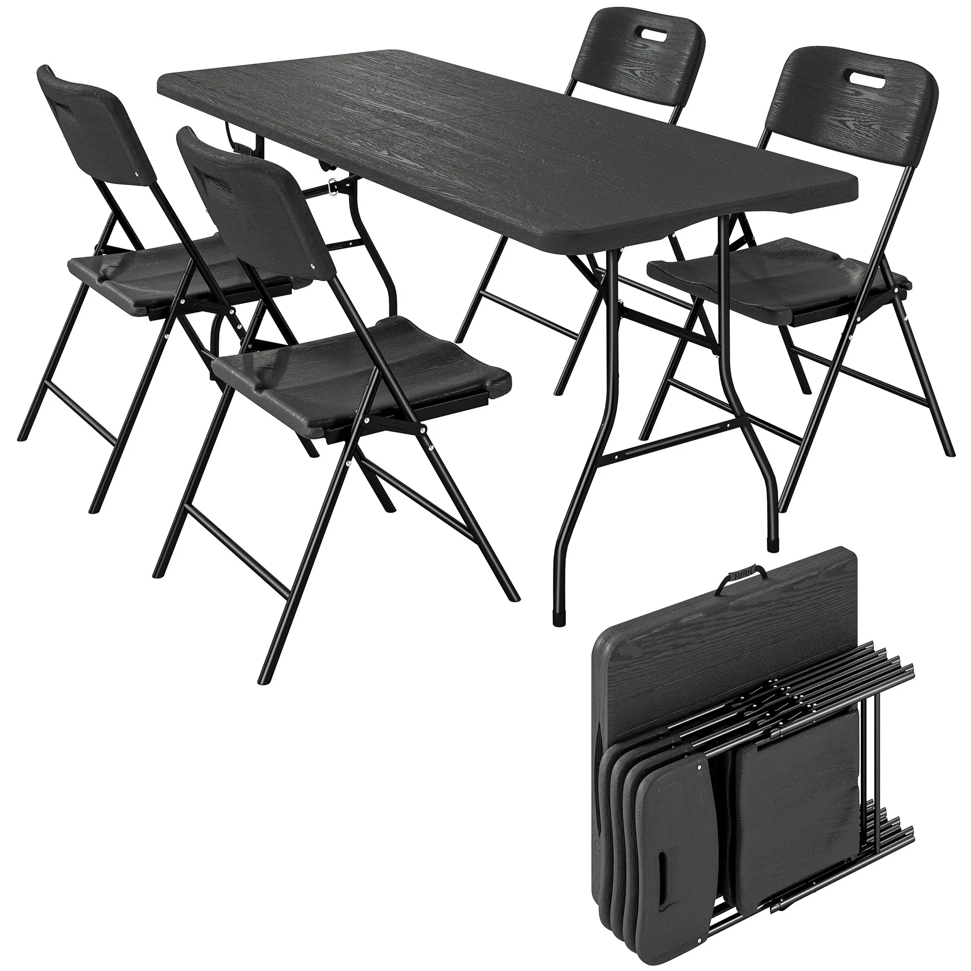 5-Piece Folding Camping Set — Folding Table (180 x 74 x 74 cm / 71 x 29 x 29 in) with 4 Folding Chairs, Waterproof HDPE Top & Metal Frame, Black