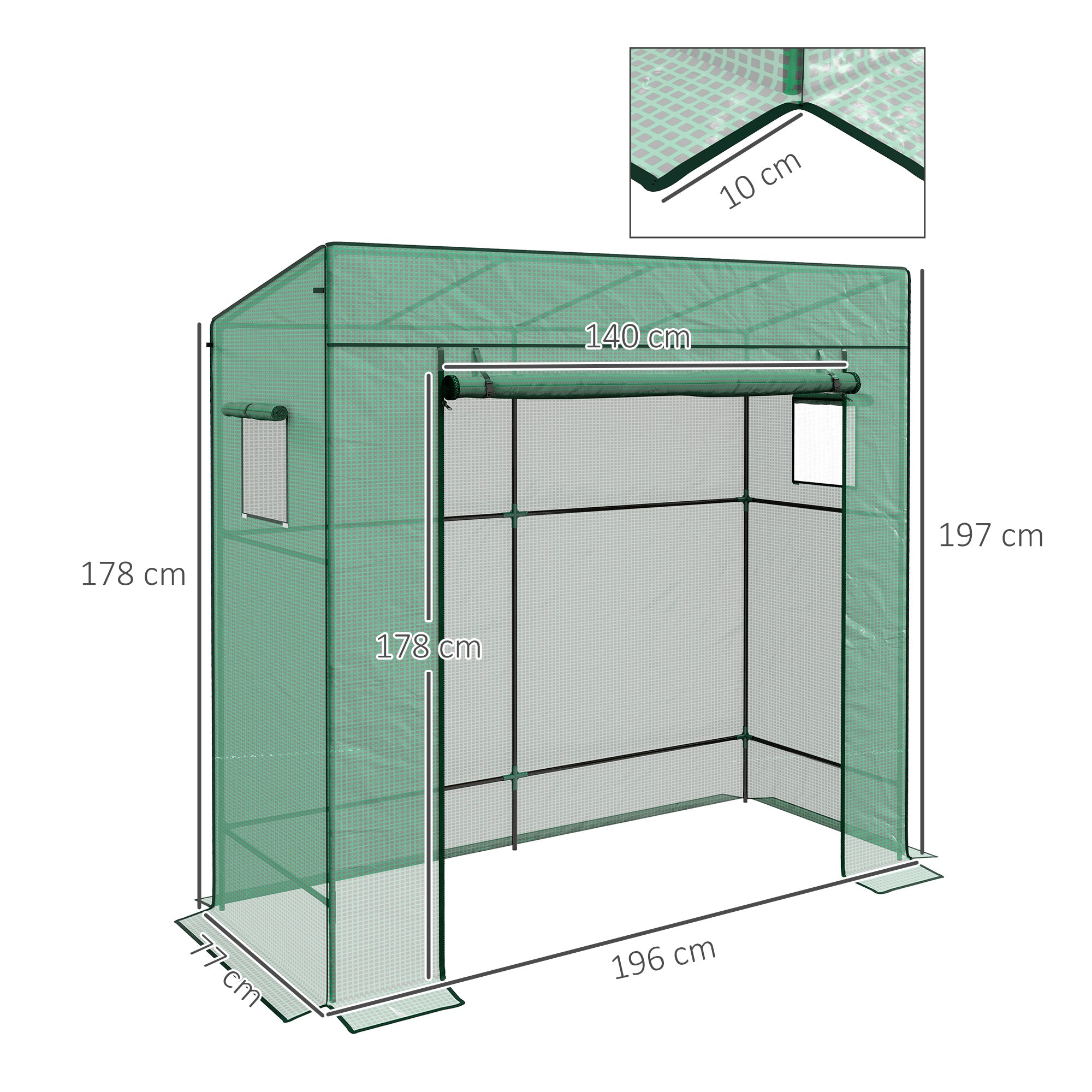 Outsunny Tuinkas PE, Balkon Tuinkas, Versterkte 140 g/m² Zeildoek, Stalen Frame, Roll-Up Ritssluitdeur, 2 Ramen, Voor Groenten Planten Bloemen, Binnen en Buiten, 196x77x197cm, Groen