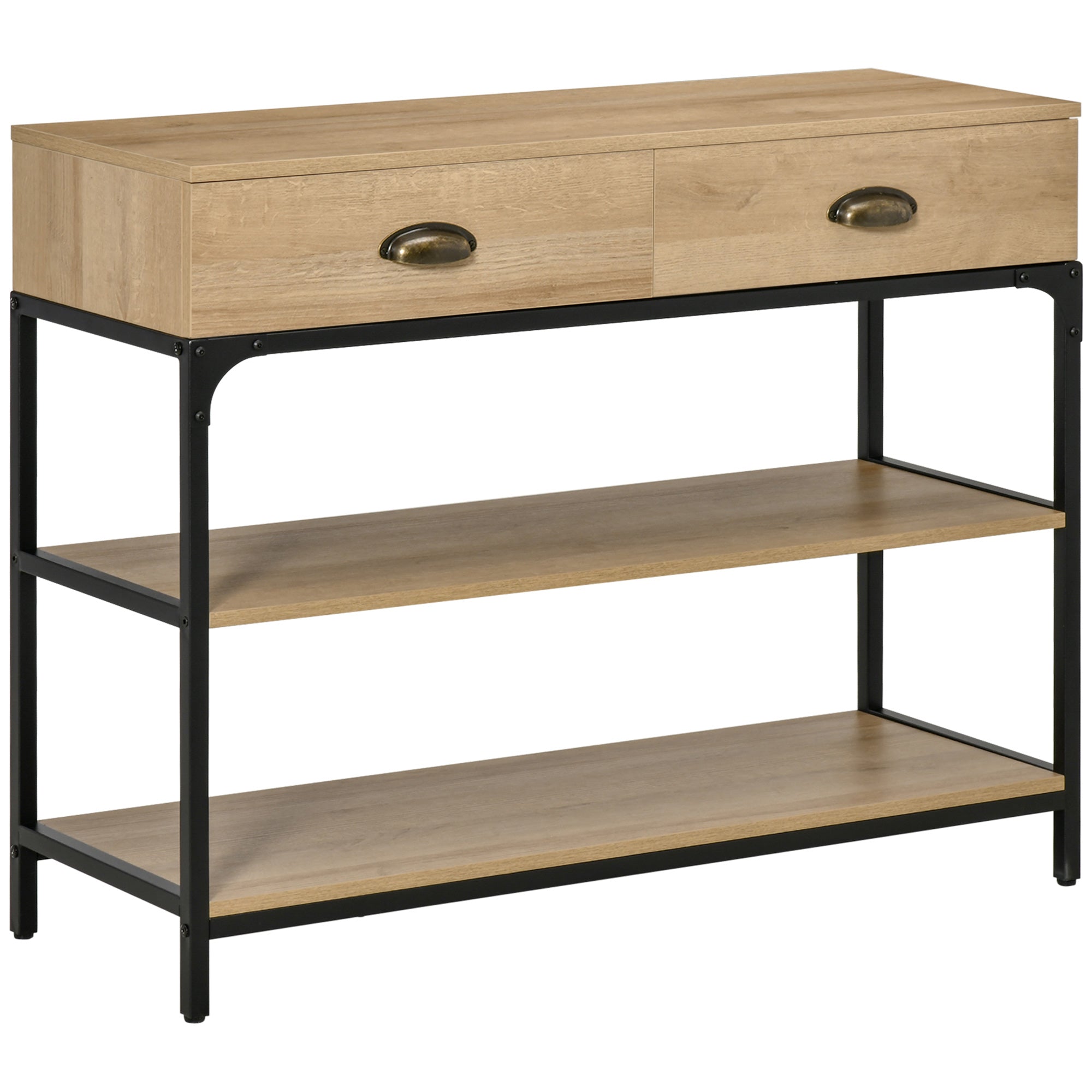 HOMCOM Konsolentisch für den Eingangsbereich mit 2 Schubladen und 2 Ablagen aus Stahlrahmen - 100x35x79,2 cm Eiche