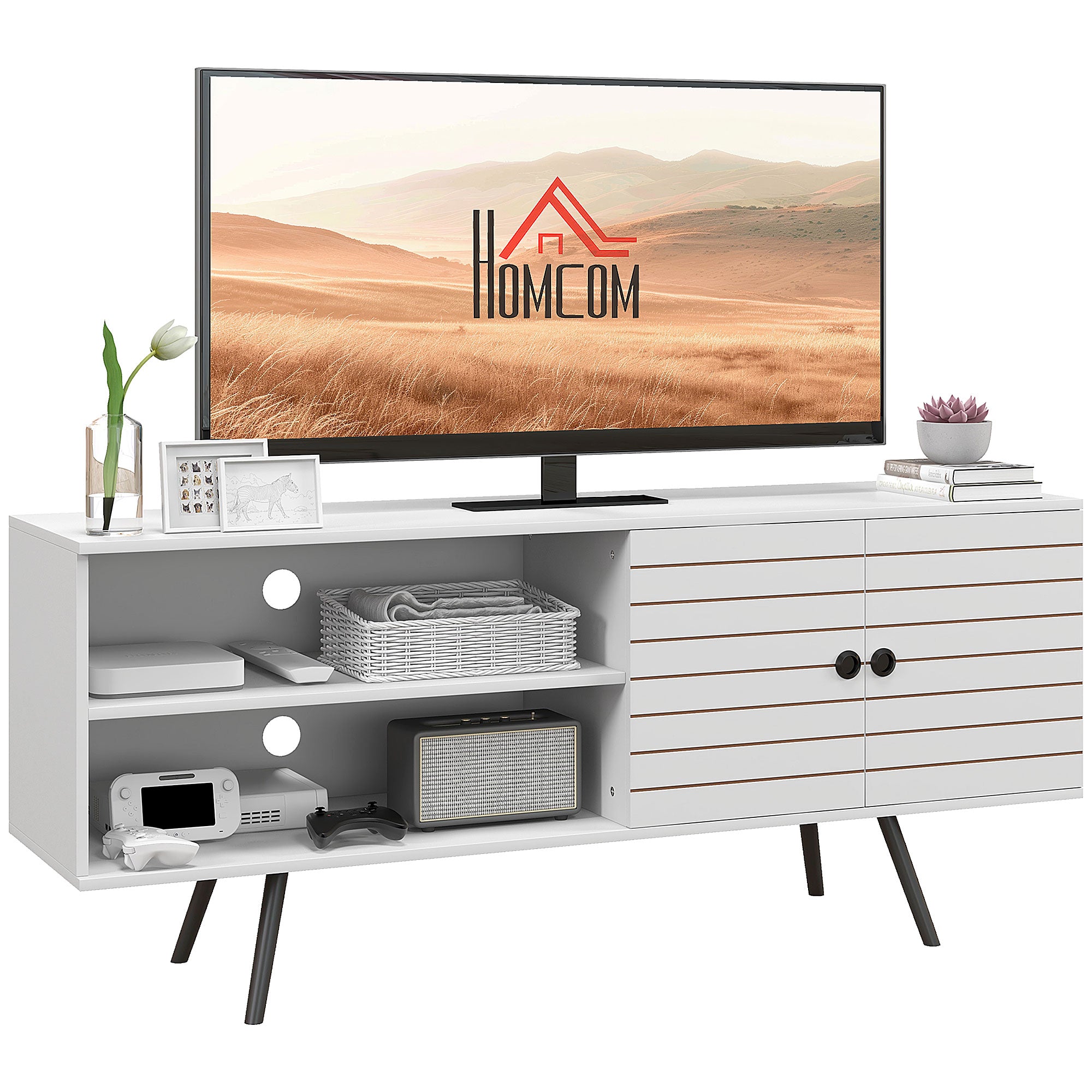 HOMCOM TV Stovas Svetainės TV Stalas iki 65 Colių TV Modernus TV Stovas su 2 Atviromis Lentynomis ir 1 Reguliuojama Lentyna 145x38x65 cm Balta
