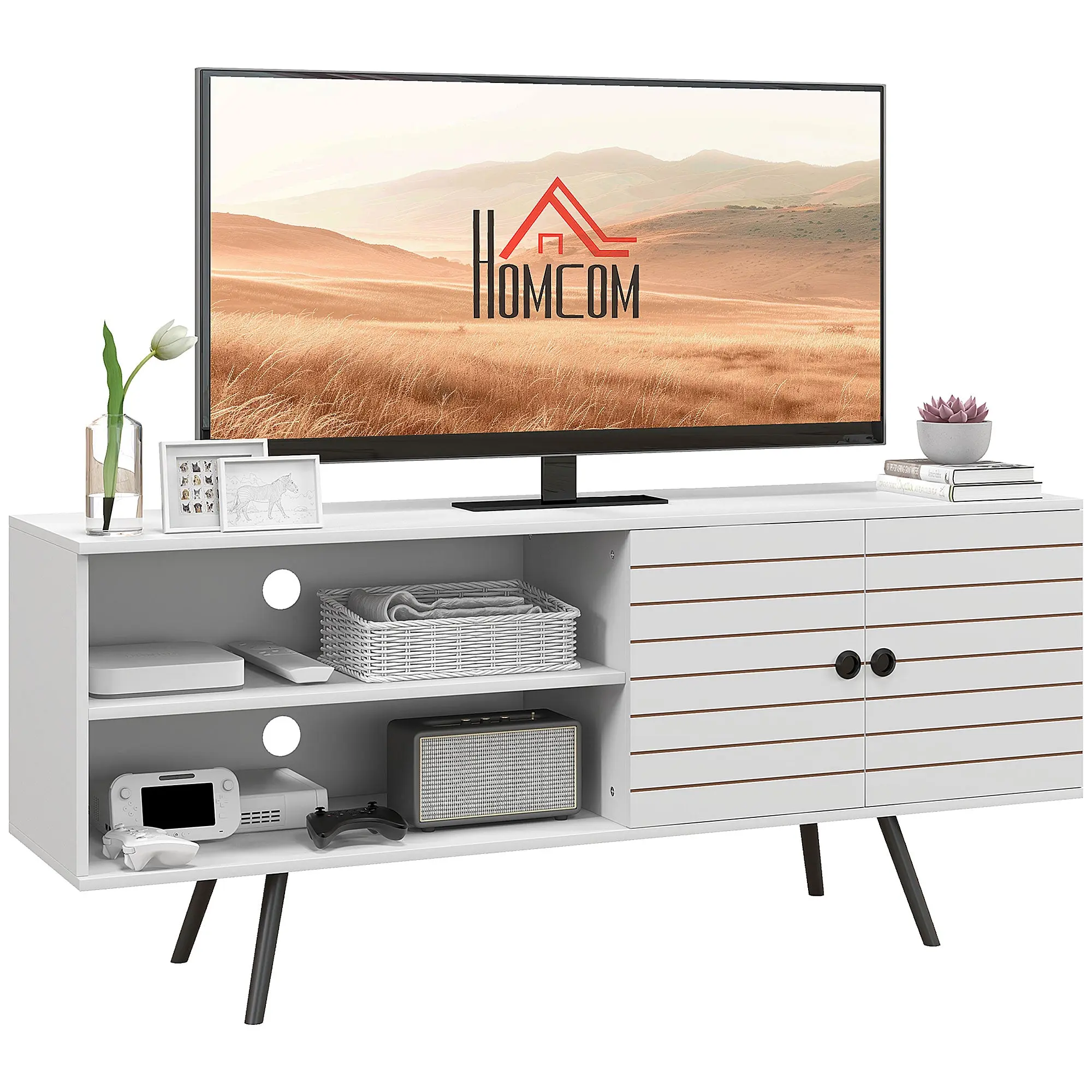 TV Stand for Living Room TV Table for 65-Inch TVs Modern TV Stand with 2 Open Shelves and 1 Adjustable Shelf 145x38x65 cm White