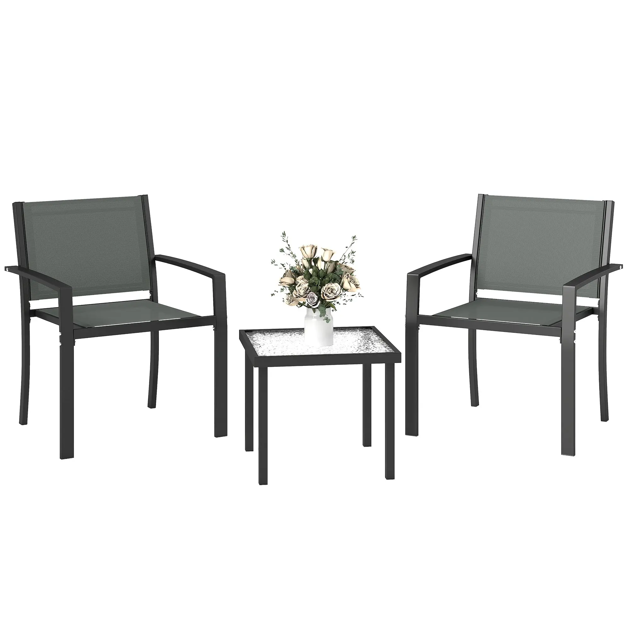 3-Piece Outdoor Bistro Set — 2 Wide Textilene Chairs & Tempered Glass Table, Light Gray