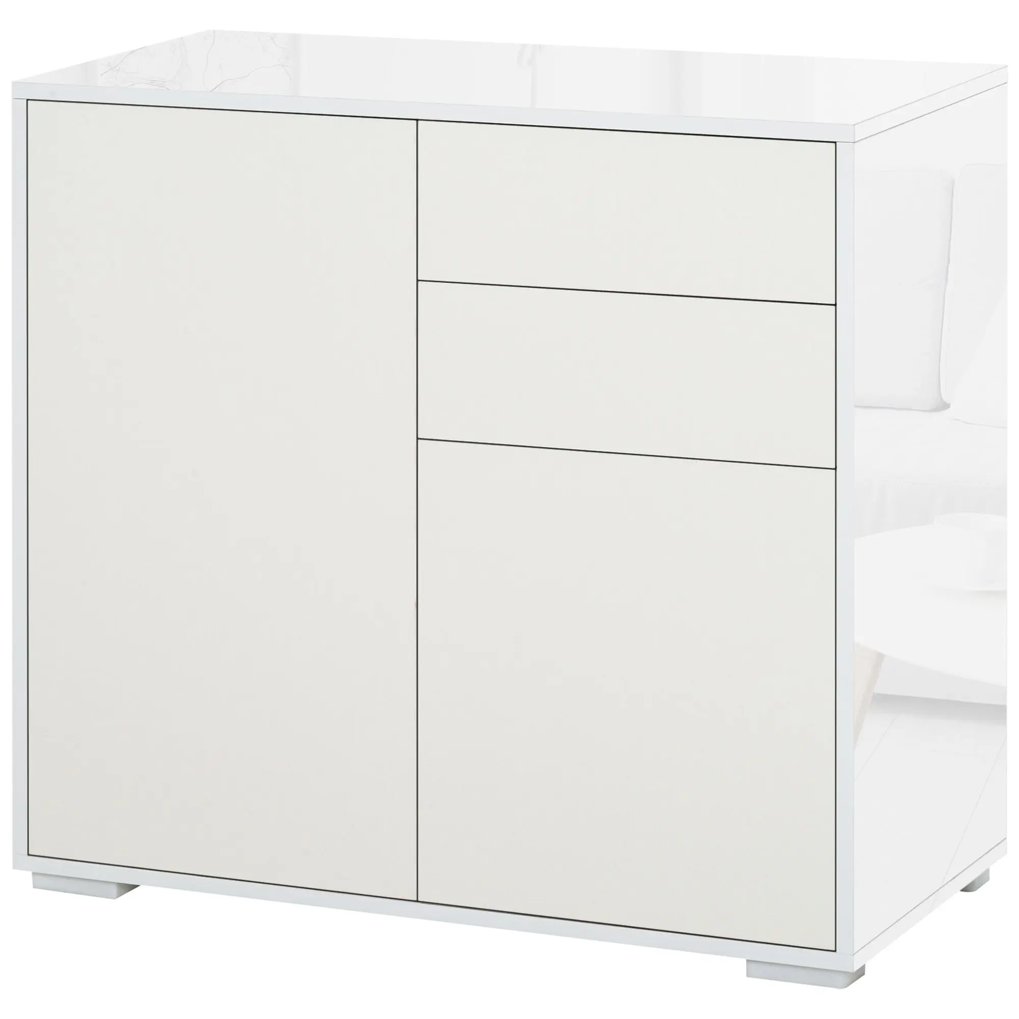 Kitchen Sideboard with 2 Doors 2 Drawers Glossy White Frame Adjustable Shelf Push-to-Open Storage Cabinet for Bedroom Living Room 79x36x74 cm White