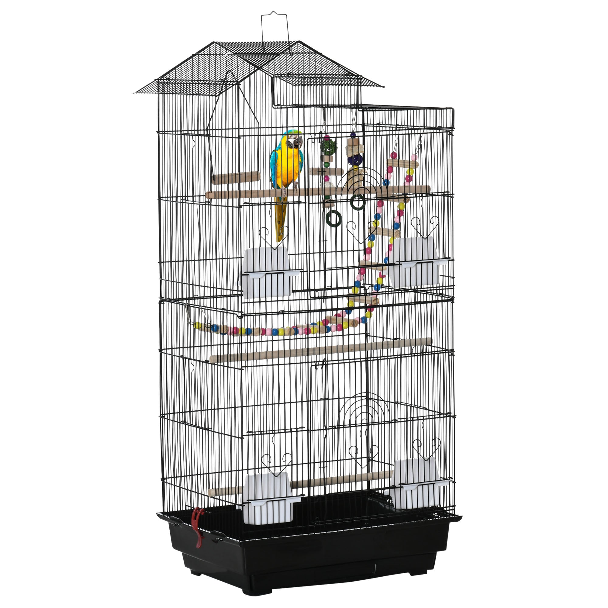 PawHut Vogelkäfig Voliere mit mehreren Türen, 4 Futterspendern, 3 Sitzstangen, Schaukeln, Leitern und herausziehbarem Tablett für Papageien, Kanarienvögel, Wellensittiche 46x36x100 cm Schwarz