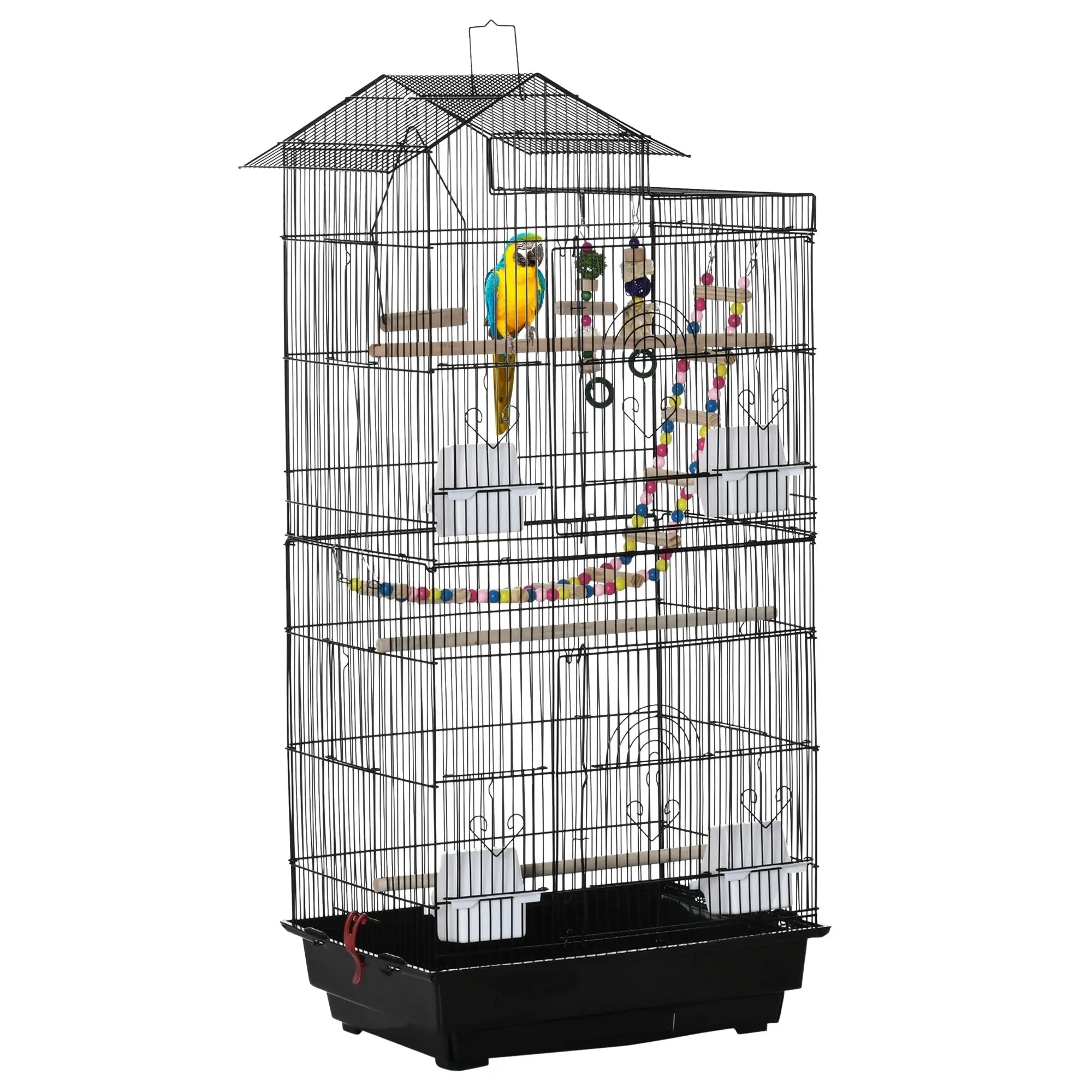 Bird Cage Aviary for Small Birds, Large Parakeet Cage with 9 Doors, 4 Feeders, Perches, Swing & Removable Tray, Budgie Finch Canary Cage 46x36x100cm Black