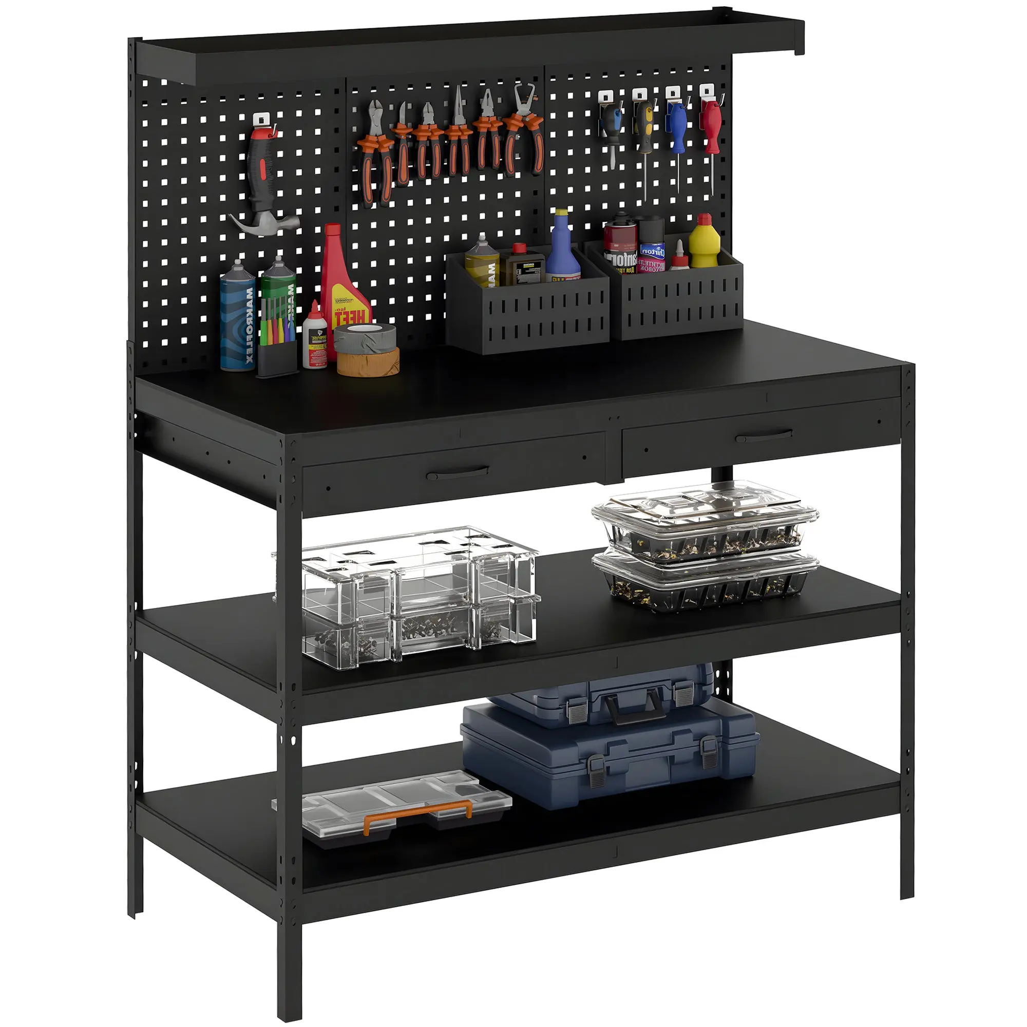 Workbench with Pegboard — Heavy-Duty Workstation with 2 Drawers & 2 Adjustable Shelves, 600 lb Capacity, 48 x 24 x 61.4 in (122 x 61 x 156 cm), Black