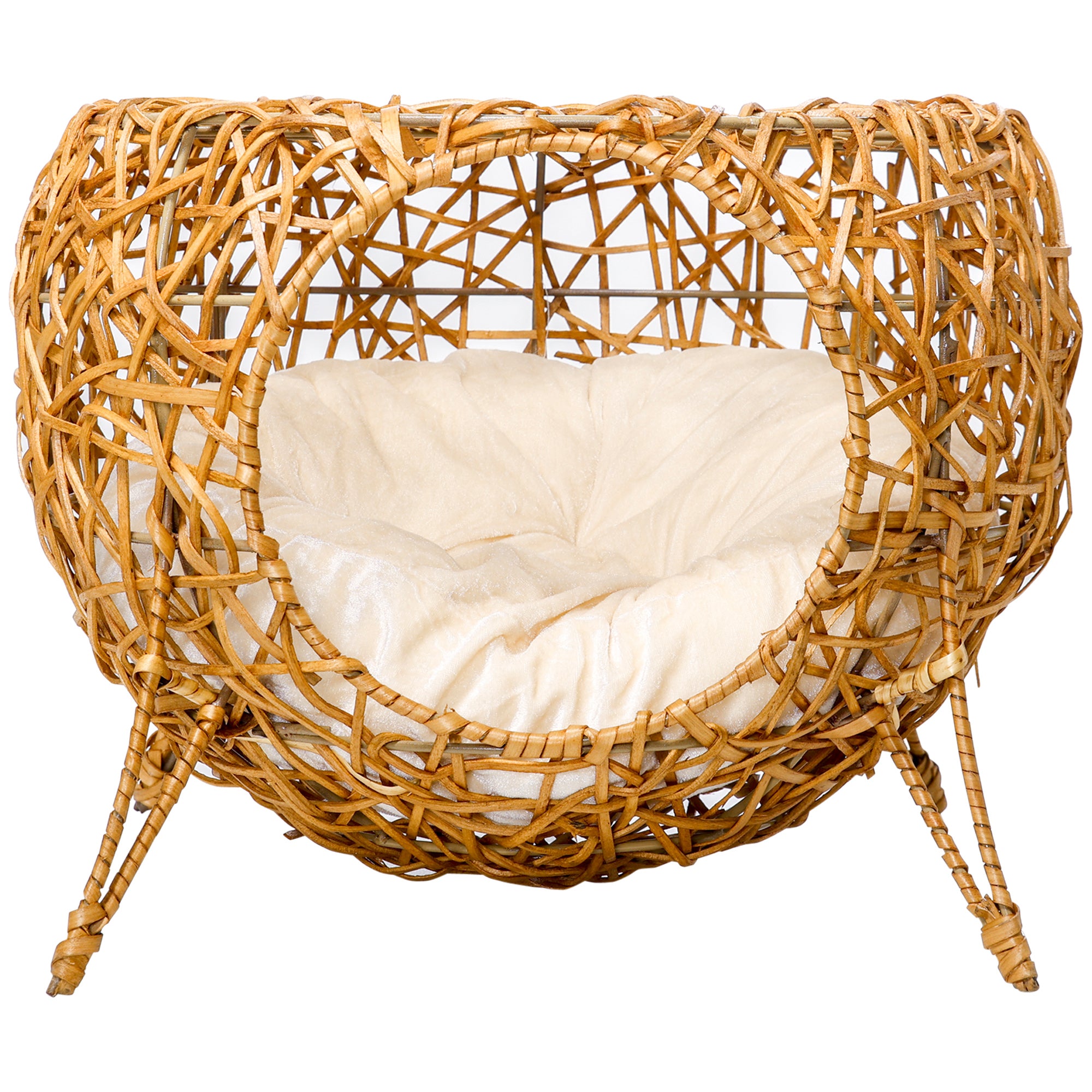 Rattan Cat House Basket with Thick Cushion ? 40 x 32 cm Light Brown