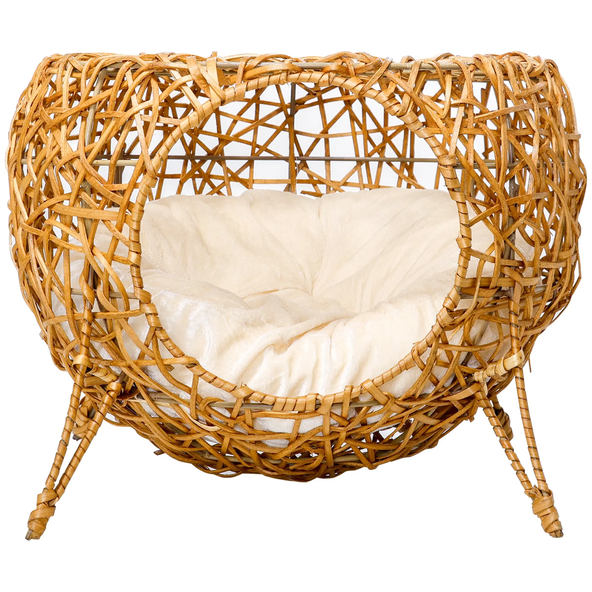 Rattan Cat House Basket with Thick Cushion ? 40 x 32 cm Light Brown
