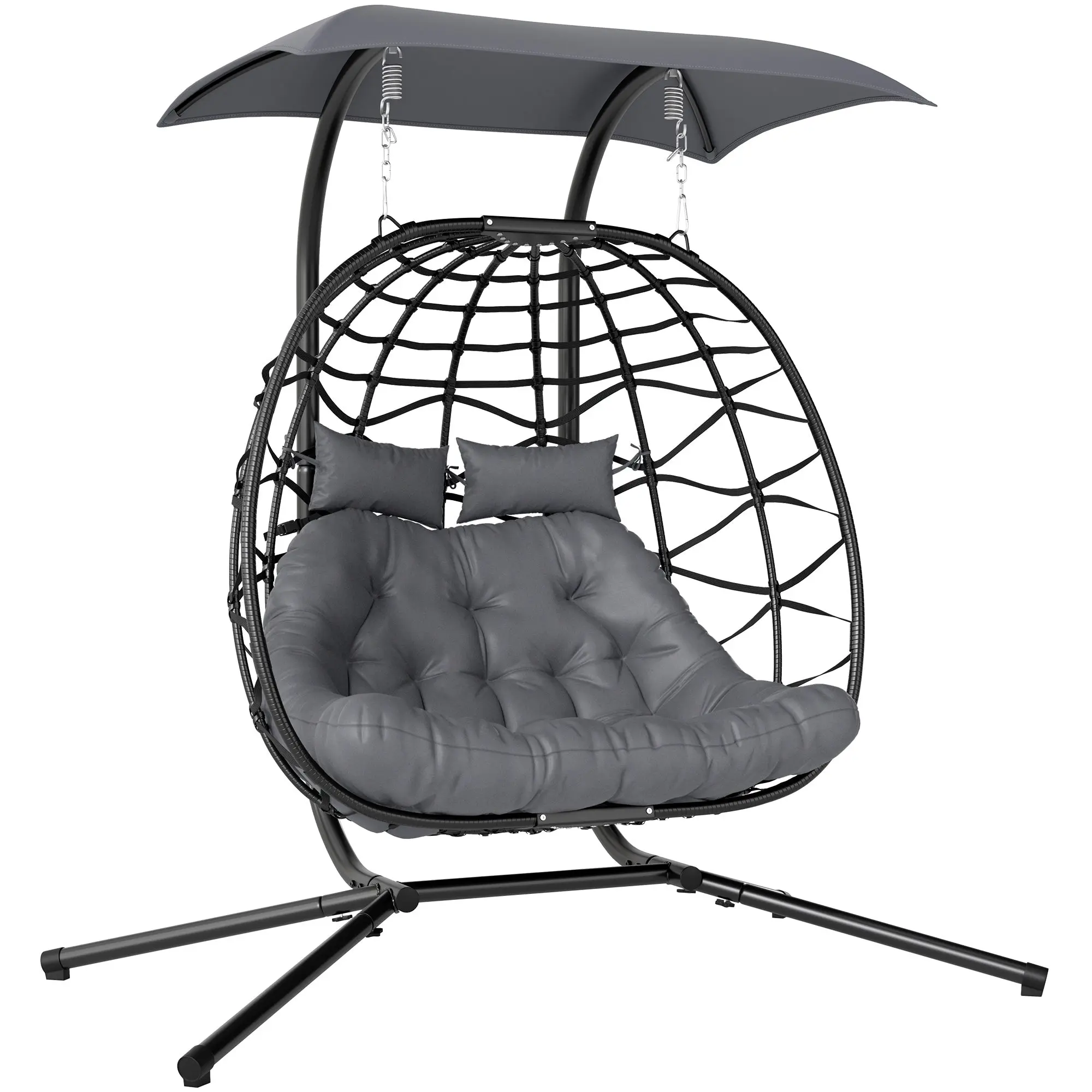 Hanging Chair with Foldable Stand Hanging Basket with Cushion Sunshade Canopy Poly Rattan Hanging Chair for 2 Persons Outdoor Hanging Swing Loadable up to 260kg Chair for Balcony Terrace Dark Gray