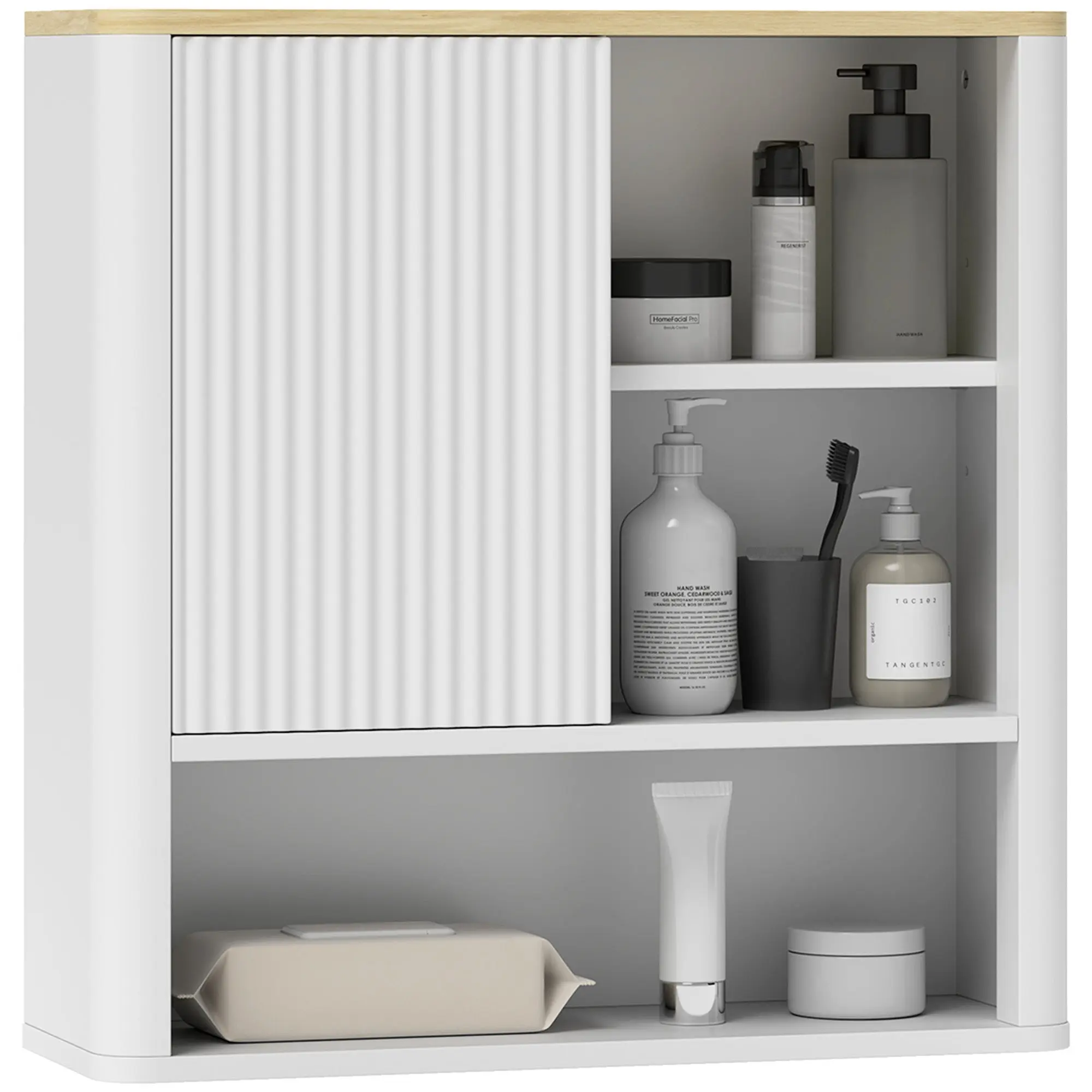 Wall-Mounted Bathroom Cabinet with Adjustable Shelves & Sliding Curved Door — 23.6 x 7.9 x 24.4 in, White