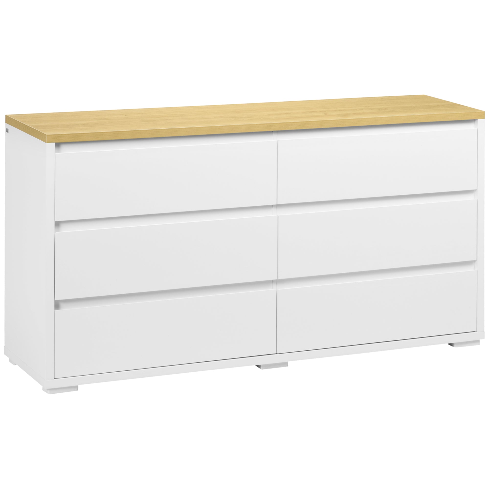 HOMCOM 6 Fiókos Komód Fehér Forgácslapból, Hálószobába, Tanulmányhoz és Nappaliba, 140x37x75cm