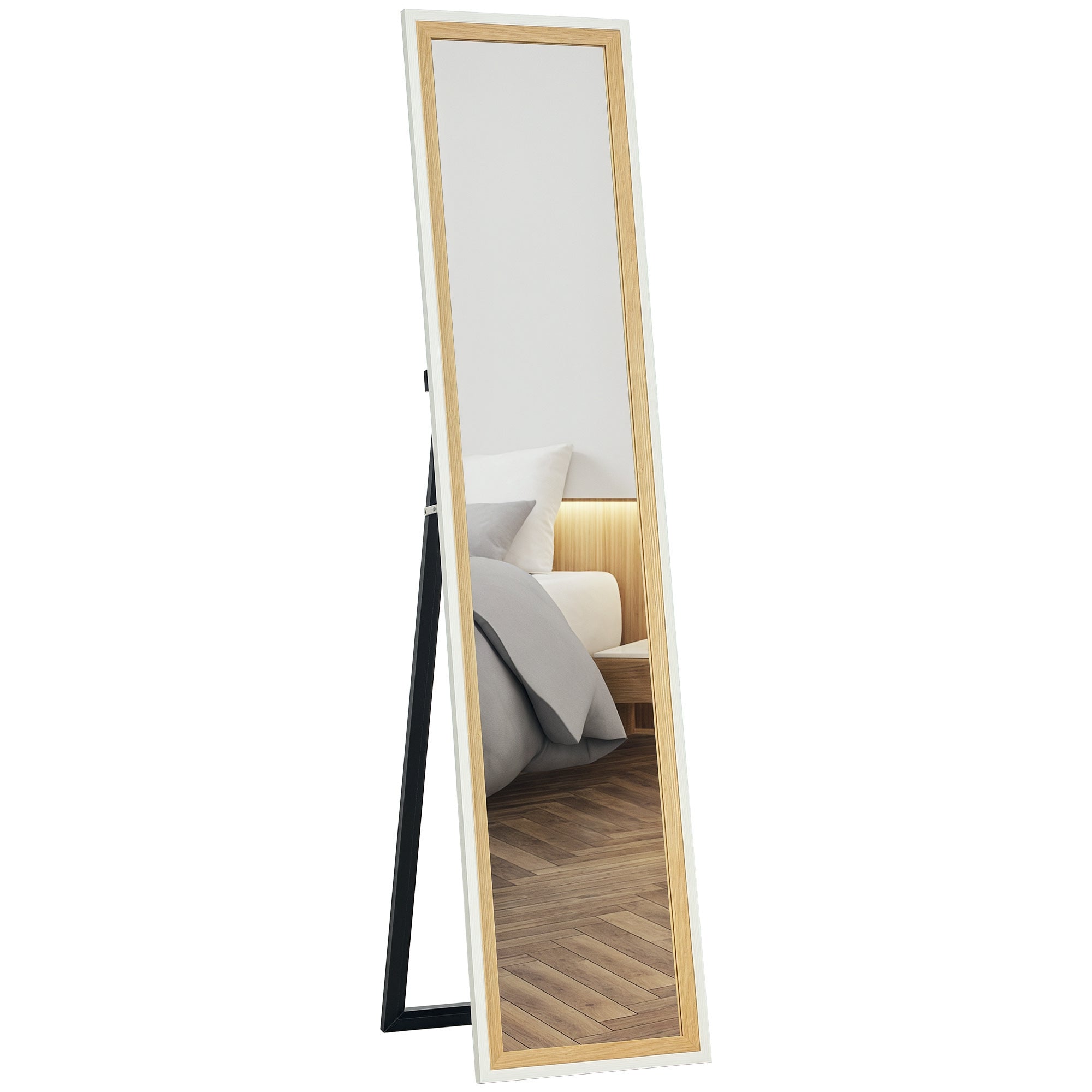 HOMCOM Volledige Lengte Spiegel 157x37 cm Vloer- of Wandspiegel met MDF Frame en Stand voor Slaapkamer en Woonkamer Wit en Donker Natuur