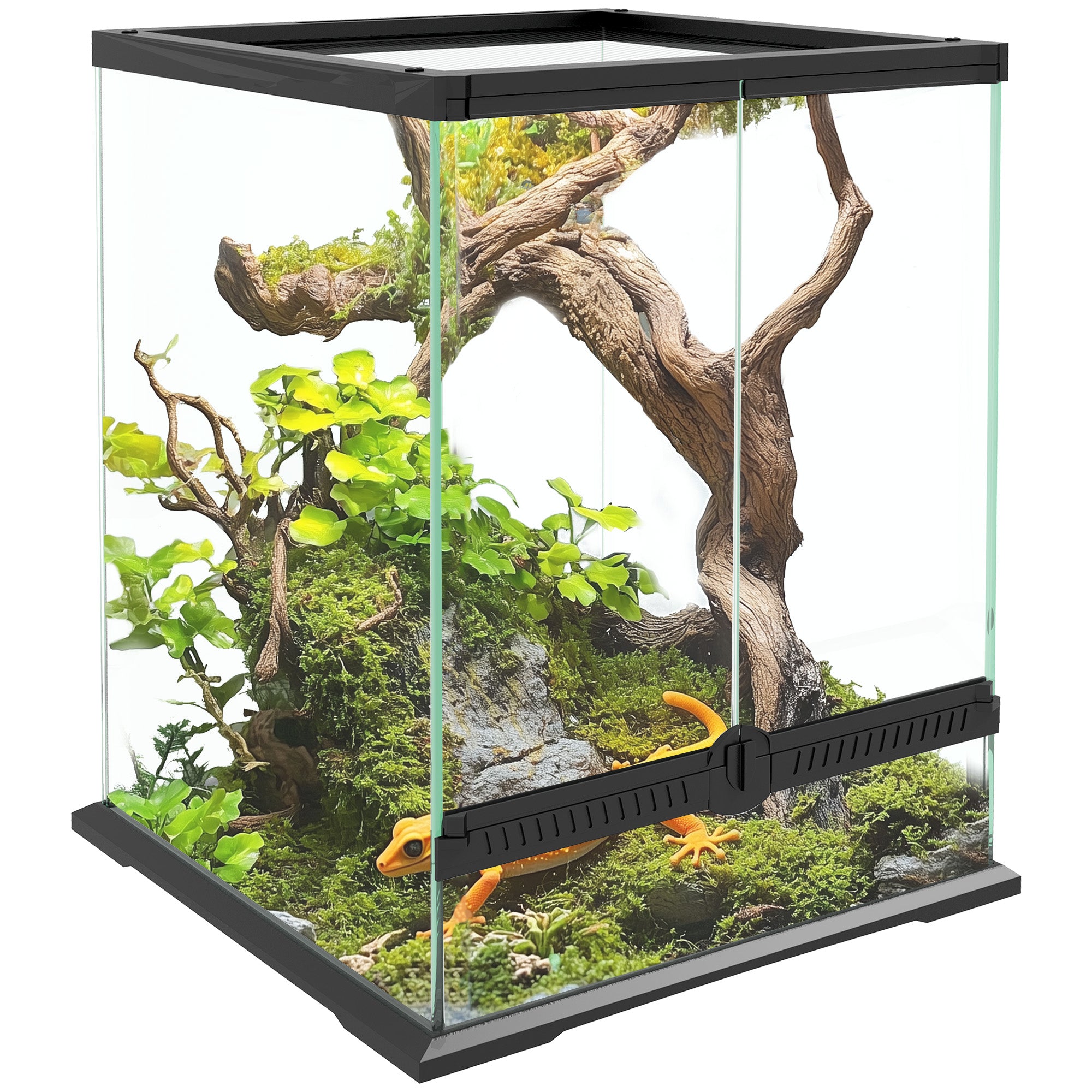 PawHut Terrarium für Reptilien - Reptilien-Fütterungsbox mit Ausbruchschutz, 120L Glas-Terrarium mit Kabelmanagement für Amphibien - Metall Schwarz 45 x 45 x 60 cm