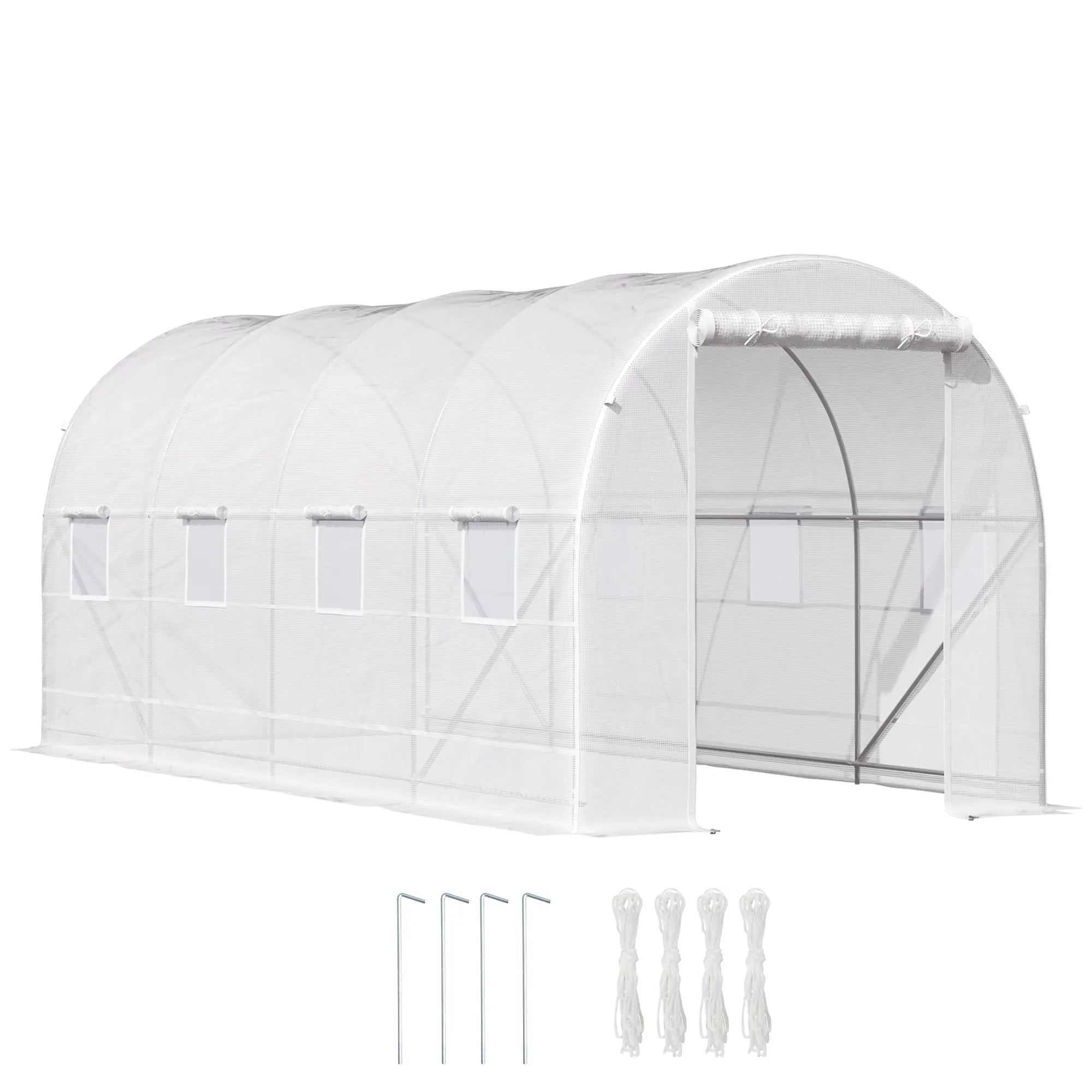 Garden Tunnel Greenhouse with 8 Windows and Roll-Up Door, Metal Frame and Polyethylene Cover, 5x2x2m, White