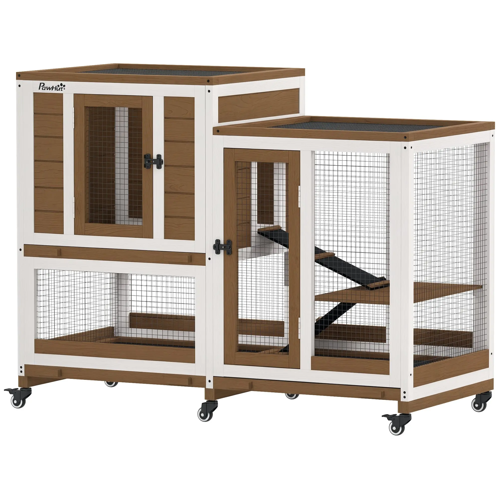 Two-Level Wooden Rabbit Hutch with 6 Wheels 2 Ladders 3 Removable Trays Doors with Locks and Open Area Indoor Rabbit Hutch 110x50x86 cm Brown and White