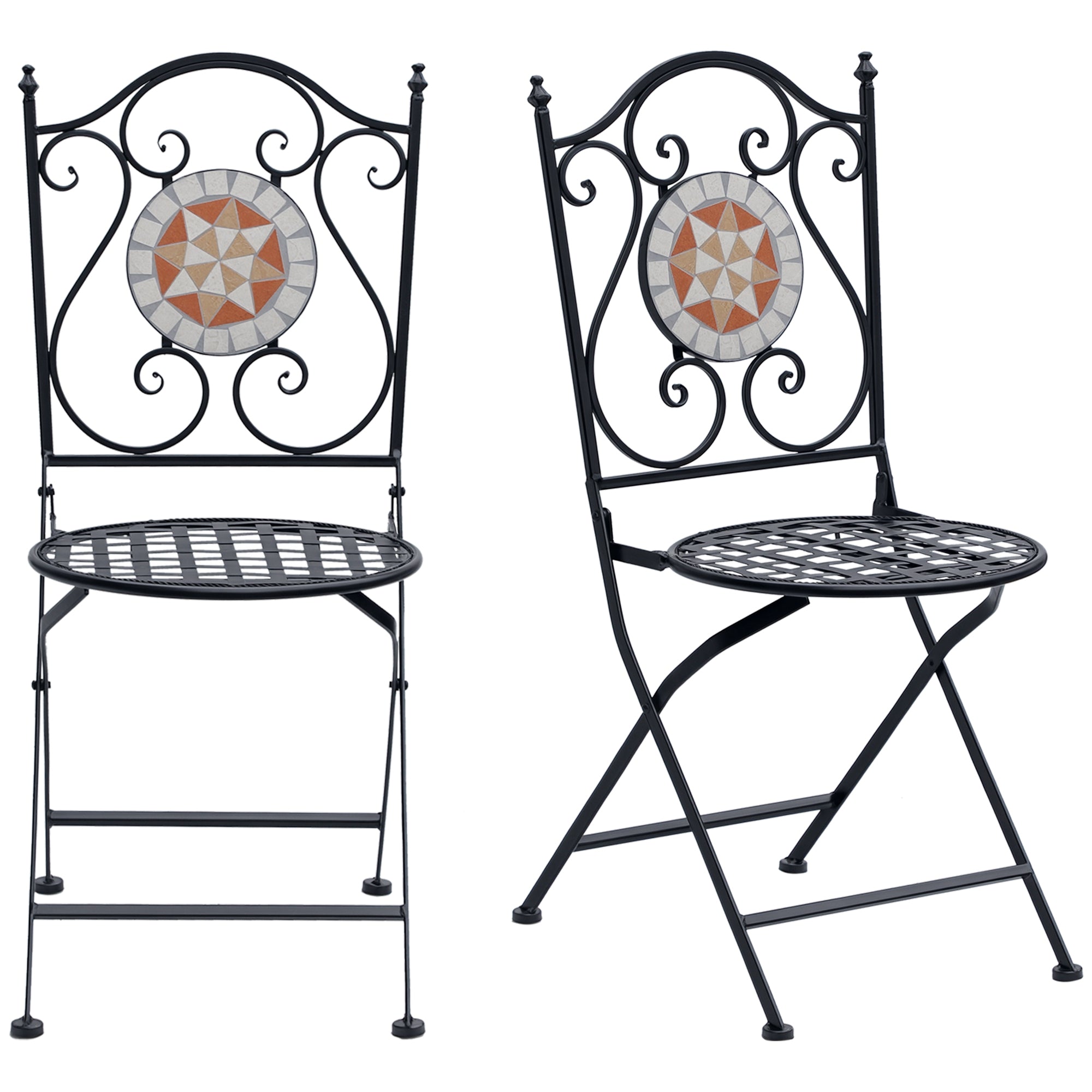 Outsunny Set aus 2 klappbaren Gartenstühlen mit Mosaiksitz für Terrasse und Balkon - Metall - Belastbarkeit 120 kg - 50x40x94,5 cm Schwarz
