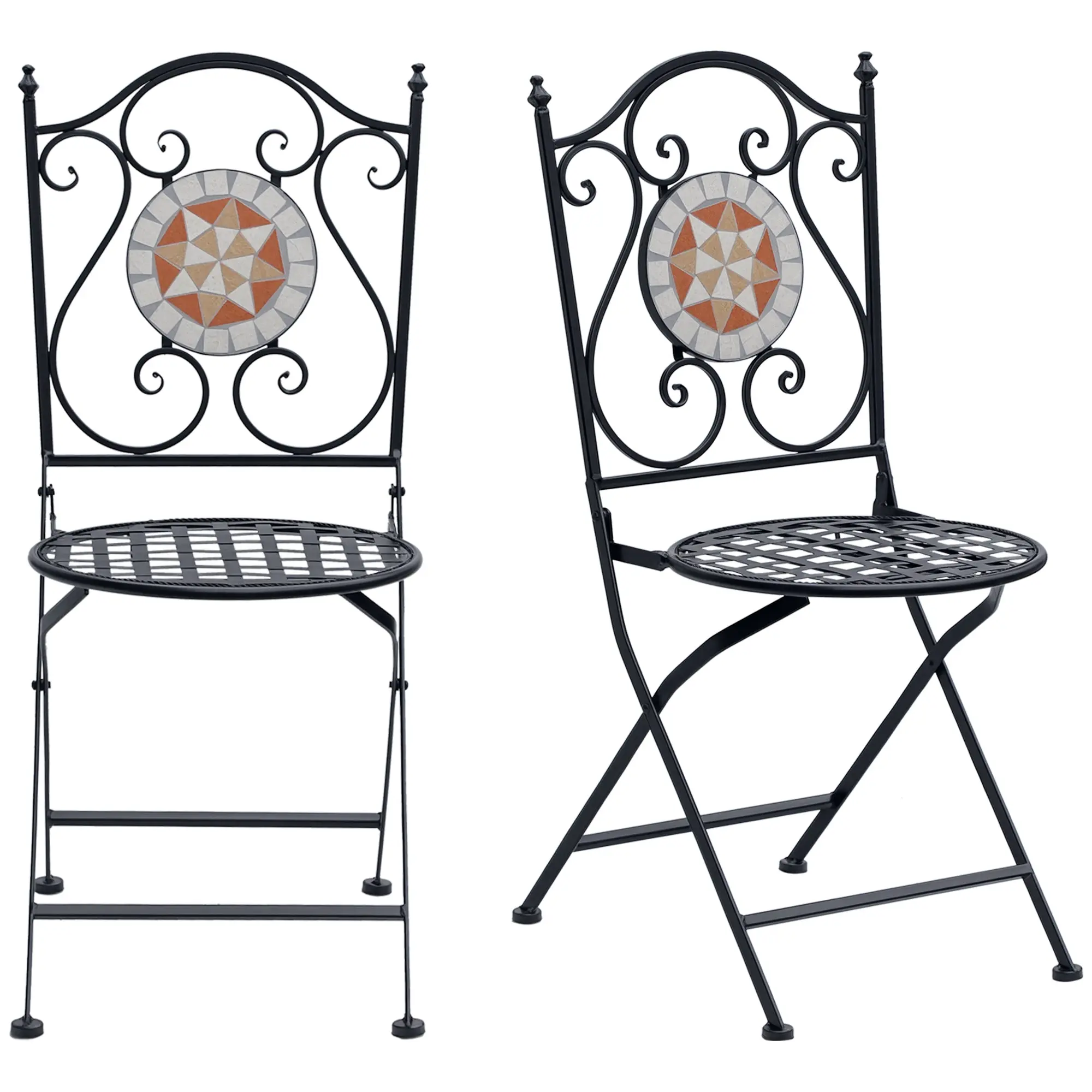 Set of 2 Folding Garden Chairs Bistro Mosaic Seat for Terrace Balcony Metal Load 120 kg 50x40x94.5 cm Black