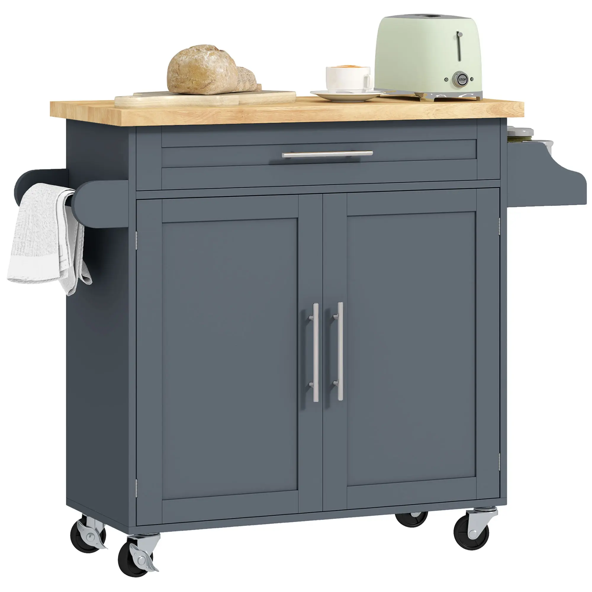 Multi-Purpose Kitchen Trolley with Drawer, Wheels, Spice Rack, Cabinet, Kitchen Cabinet with Adjustable Shelf, Towel Rail, and Rubber Wood Top, 109x40x89 cm, Gray
